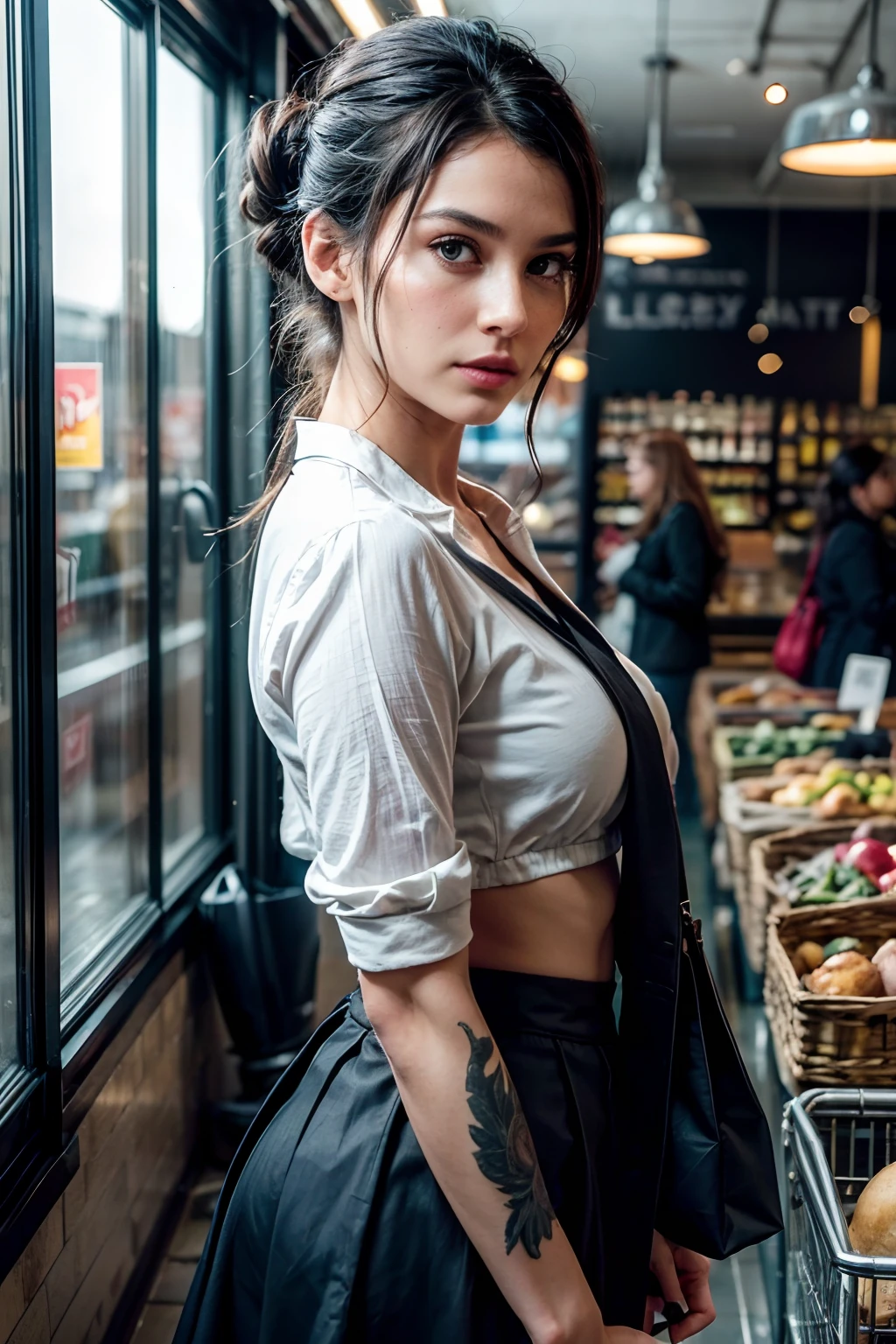 5+ people standing in line, line goes into distance, towards vanishing point, standing on feet:1.2, everyone in line facing forward, (except one woman facing camera:1.4,).( she looks to camera:1.3) , she is a gorgeous, she's looking at us nobody else is looking in our direction,(interior of grocery store, variety of people in line:1.3)), everyone wears business outfits,), interior of florescent lit store, (filled with food packaging), only one looks at us, realistic photo, (40% of photo is black in drawing:1.4), she's has an (eye contact:0.3) skill , (she wears black tight skirt with red blazer, jewelry) and is intensely looking at camera, (flirty look:0.9) beautiful face, slight smile, intense presence, masterpiece, obsessively detailed store details, cozy relaxed, catching us, beautiful hands, kind eyes, gorgeous, incredible details, ((high contrast)), (deep, darkest shadows), (shadow details:1.0), ((taken using Leica camera, aperture: f/2.3)) , hyper-realistic skin, pores, scar, mole, (she has dark hair pulled away from face, tidy updo), smokey eye makeup,, her arms relaxed , relaxed moment, she's in dark with natural light glow, (romantic light:1.2), radiant skin, perfectly framed face, perfect relaxed hands, perfect fingers, (perfect portrait, incredible eyes:1.1), a work of art,sexy beautiful composition, golden ratio, inspiring, (highest quality fabric texture), every detail,Fine facial features – (Highest Quality) ,Leica camera film, High quality ○○ detailed – ○○ details ultra detailed(Ultra-fine ), Photorealistic, Extremely detailed(Extremely detailed) , (highest detail image, lens flare, realistic)○○ res – ○○ resolution ultra high res(A high resolution),playful relaxed photos