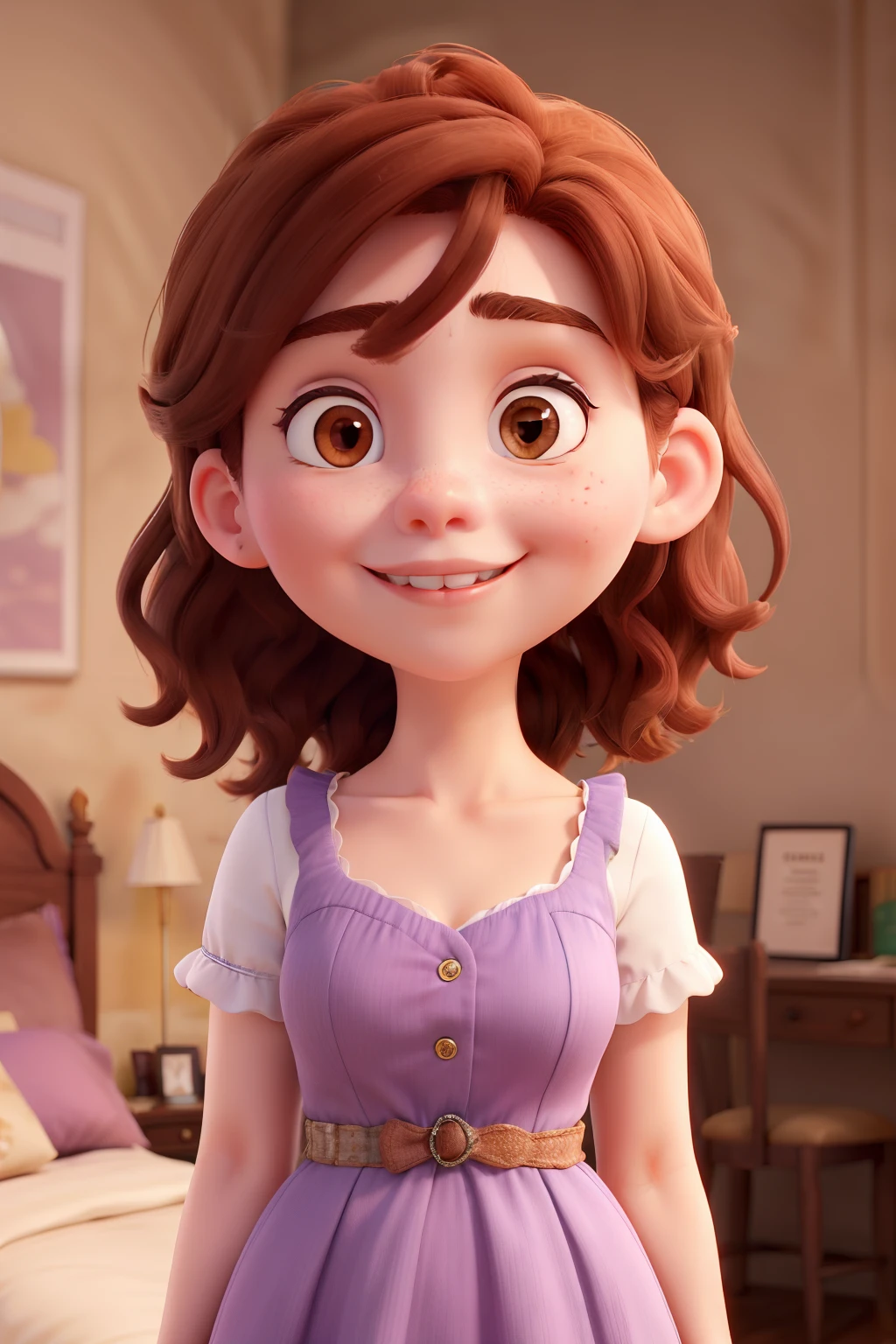 A white toothy 20-year-old girl, oval face reddish brown hair chanel brown eyes thick arched eyebrow full lips in lilac dress