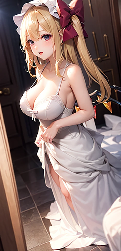 masterpiece, best quality,    1girl, blonde hair, mob cap, hair bow,long hair,wedding dress, huge breasts, cleavage, wings