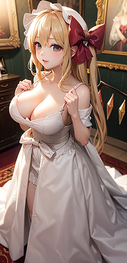 masterpiece, best quality,    1girl, blonde hair, mob cap, hair bow,long hair,wedding dress, huge breasts, cleavage, wings