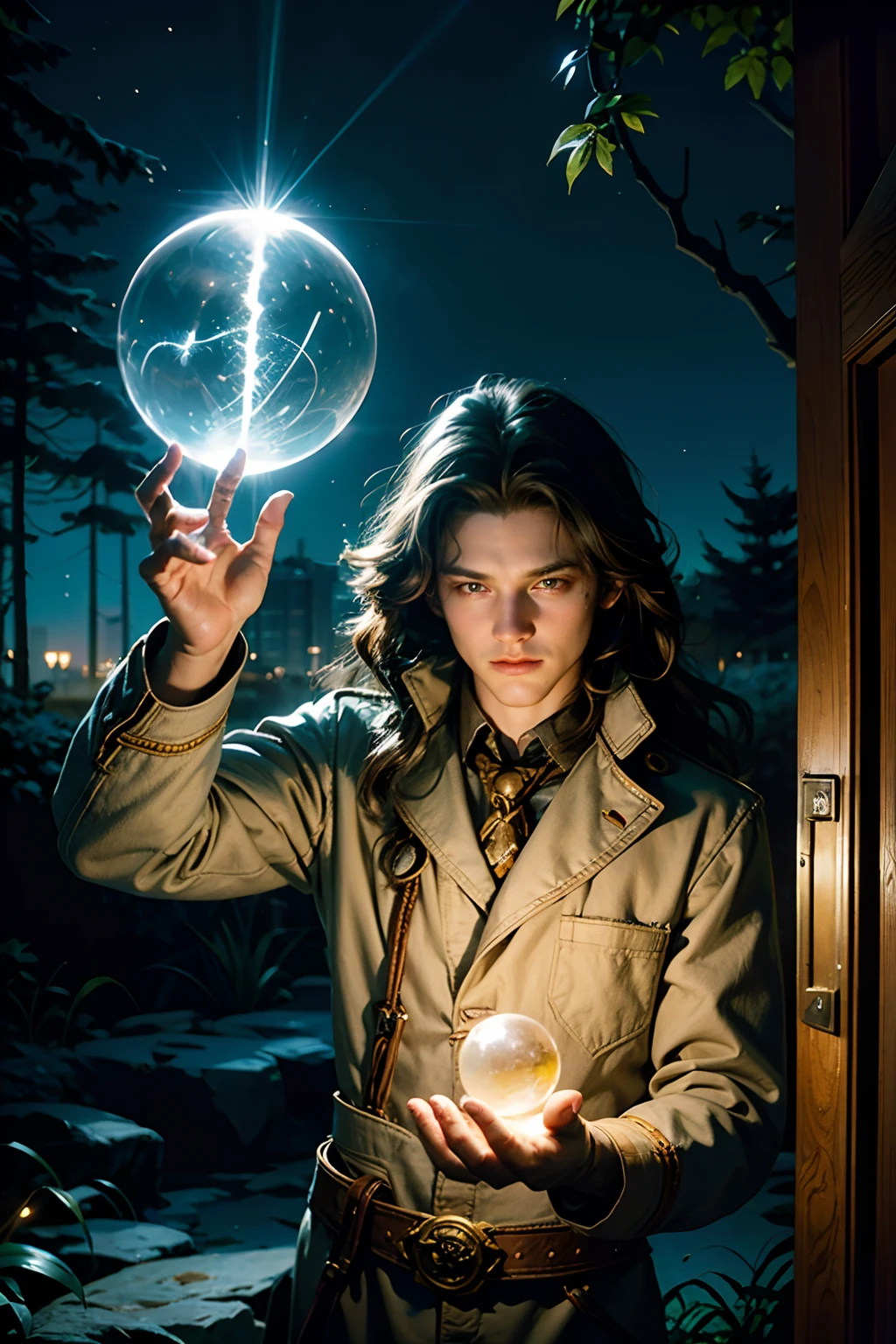 The Man Who Is Magical Ginny, 28 year old, The long-haired, Hold out a glowing orb, With lighting bolts from his fingers, Spring garden in the background, Daylight, The mood is working, resolute, convenient, Intelligent, Character Design.