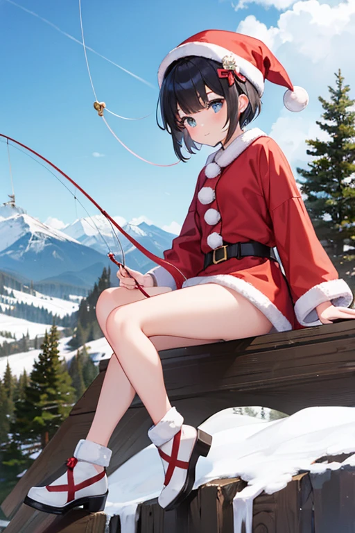 Cute girl with fashionable short haircut。Santa Claus attire。Hanging a fishing line from the top of a mountain