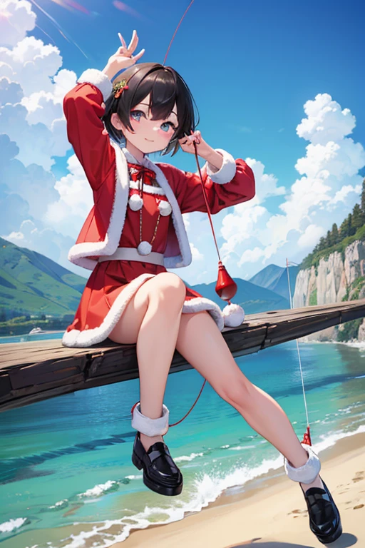 Cute girl with fashionable short haircut。Santa Claus attire。Hanging a fishing line from the top of a mountain