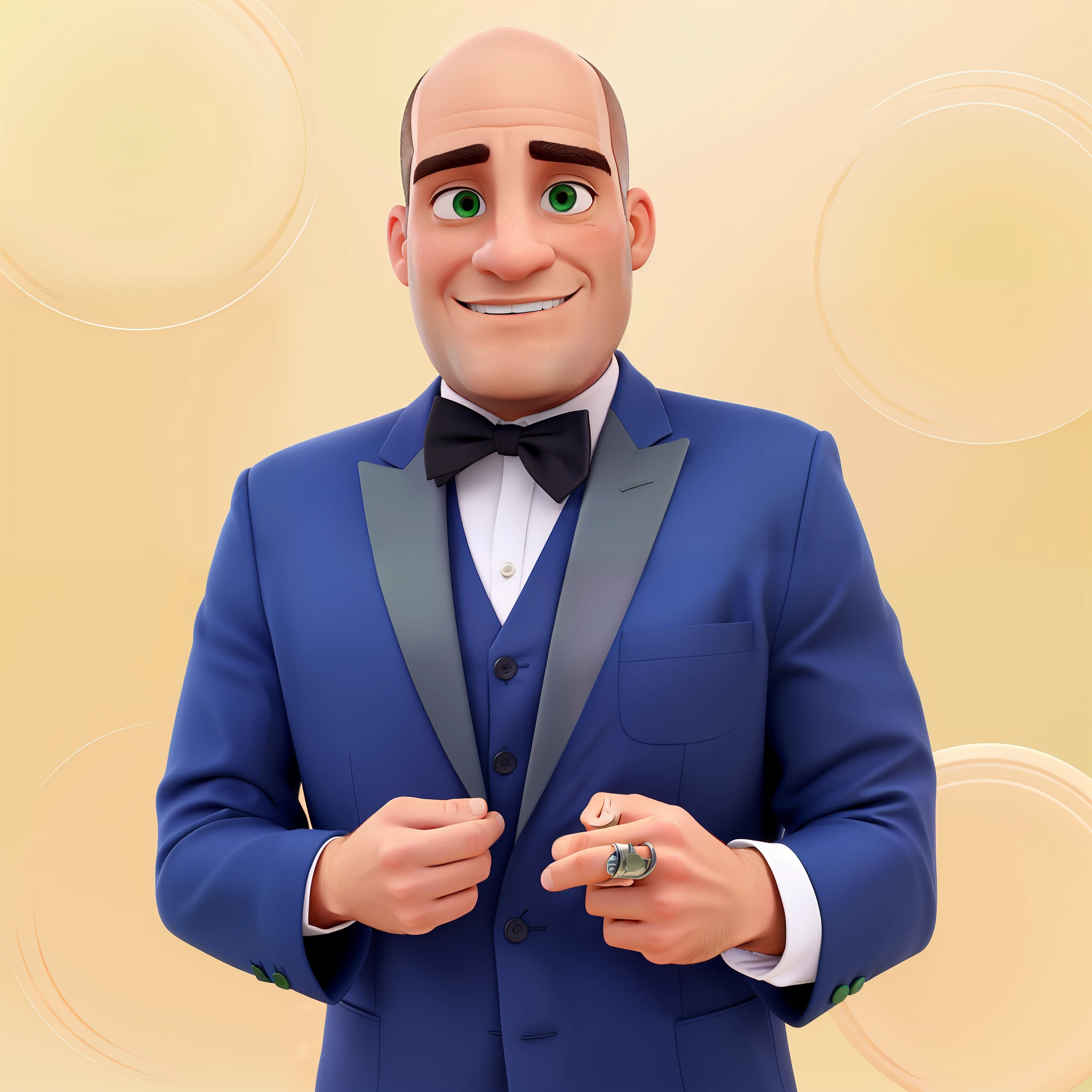 Um homem totalmente careca, de terno na cor laranja, olhos verdes e de cor parda