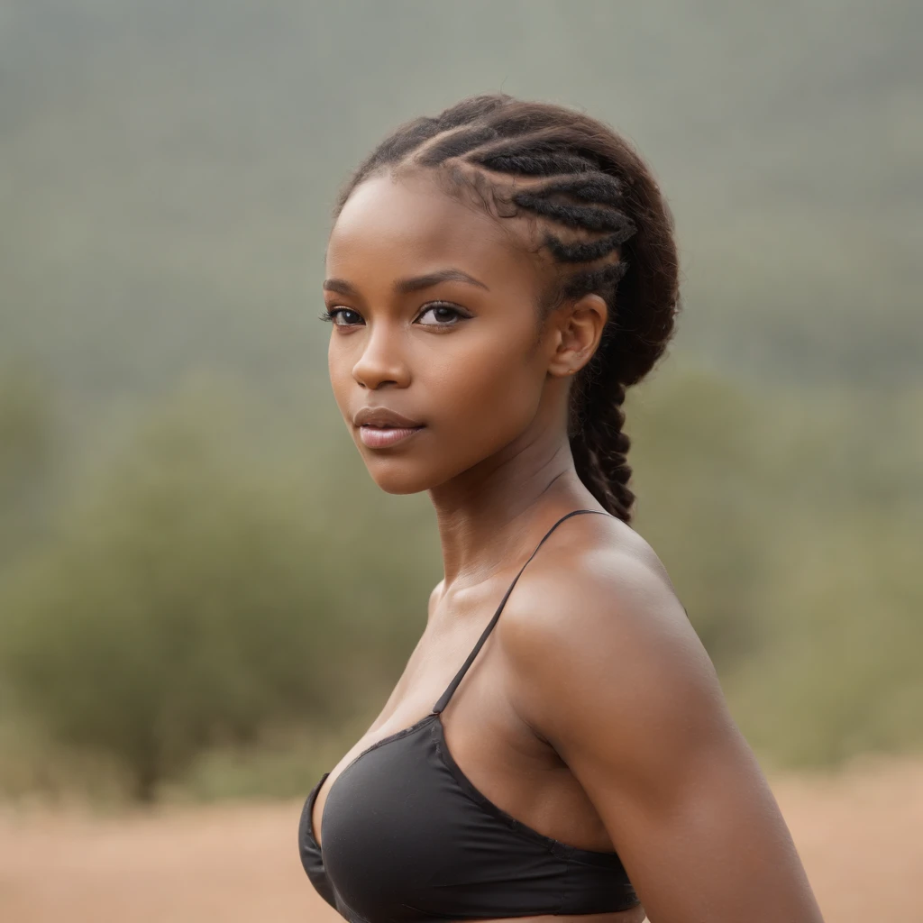 best quality, high detail, (detailed body), detailed eyes,((best quality, masterpiece)), ((2 caramel skinned African girl)), bra, (arms at side:1.2), groin,big hip bones, ponytail, black hair, (((underboob))), standing, outdoors, facing side ways