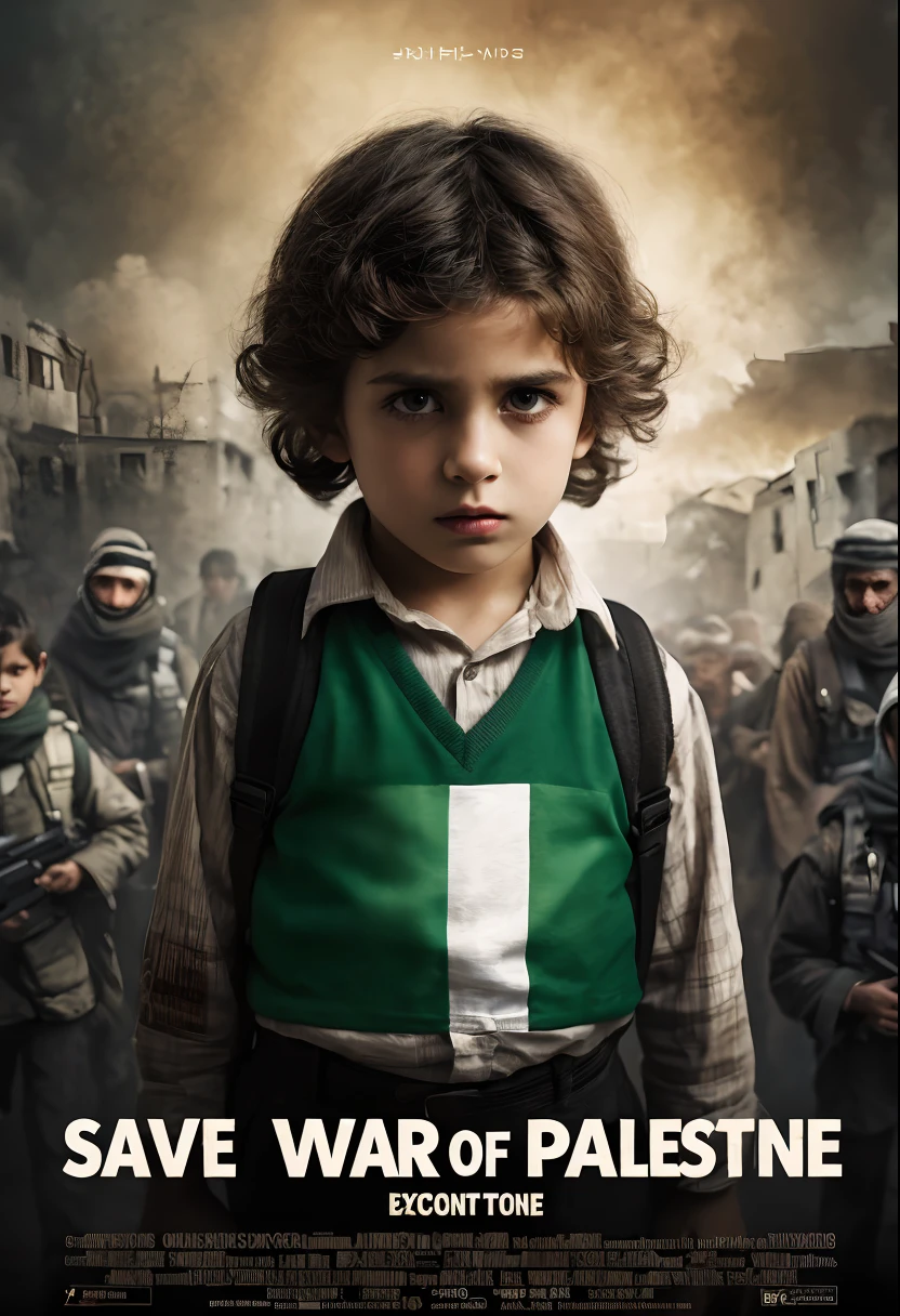 ((cinematic ligh《Save the children of Palestine》poster for, movie poster，At the top there is the inscription "Against the War".，At the bottom is the words "Caring for Children".))，title, and credits, A high resolution, Ultra-detailed, Vivid colors, Dramatic lighting, Realistic, sportrait, Bokeh, Cinematic, CreativeDesign, Intense atmosphere, Dark background, suspenseful, shadowy figures, Melancholy tone, Excellent typography, Artistic composition, Dynamic angles, Contrasting colors, Depth of field, striking visual effects, Strong emotions, Haunting images, captivating visuals, Atmospheric settings, theatrical, mystical ambiance, delicate craftsmanship, Real Persono, intriguing narrative, Professional artwork, Engaging storyline, mystical expressions, Cinematic style, Thought-provoking symbolism, Engaging poster design, Iconic visuals, Intelligent execution, Visually stunning, Visual appeal, attention-grabbing, memorable, Reminiscent of classic movie posters