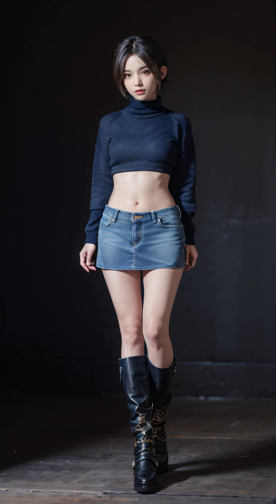 Sweaters、Denim Mini Skirt、full body Esbian、frontage、A slender、(masuter piece:1.3)、(8K、Photorealsitic、Raw photography、top-quality: 1.4)、(1girl in)、beautiful countenance、(Lifelike face)、(A dark-haired、short-hair:1.3)、Beautiful hairstyle、realisticeyes、Beautiful details、(real looking skin)、Beautiful skins、(Sweaters)、absurderes、enticing、超A high resolution、A hyper-realistic、high-detail、the golden ratio、((wide open abdomen))、((open abdomen))、((wide open navel))、((open navel))、((Bare belly))、((Mid-Riff Sweater))、((Mid-Riff Sweater))、((Ultra-low rise、Denim Mini Skirt))、 ((Navel Ejection))、((small hips))、((long limbs))、((Full body depiction))、((small hip))、(long boots)、((Ultra-low rise))、((Denim Mini Skirt))、((is standing))、 ((wide open abdomen))、((open abdomen))、((wide open navel))、((open navel))、((Bare belly))、((Mid-Riff Sweater))、((Ultra-low rise、Denim Mini Skirt))、 ((Navel Ejection))、((small hips))、((Full body depiction))、((small hip))、(boots)、((Ultra-low rise))、((Denim Mini Skirt))、((is standing))、