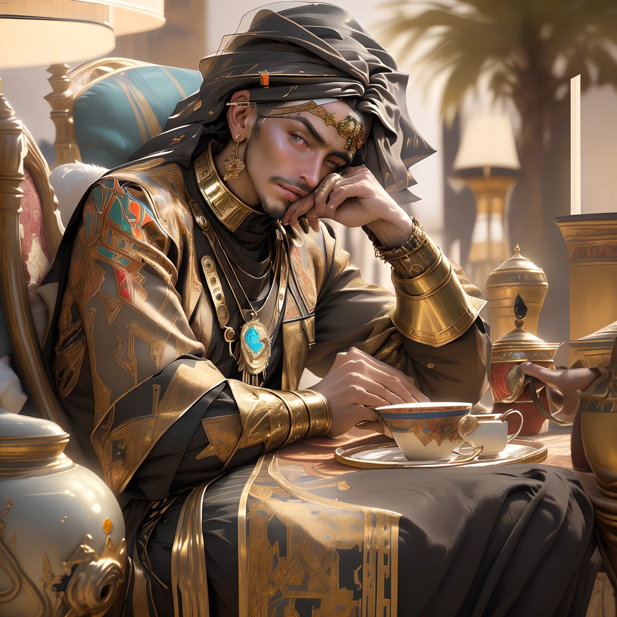 there is a man sitting at a table with many items, a digital rendering inspired by Osman Hamdi Bey, pexels, maximalism, futuristic marrakech morocco, moroccan tea set, futuristic marrakech, maximalism. stunning, highly aesthetic, moroccan queens ny, perfect maximalistic composition, hypermaximalist, middle eastern style vendors, hypermaximalism, maximalist