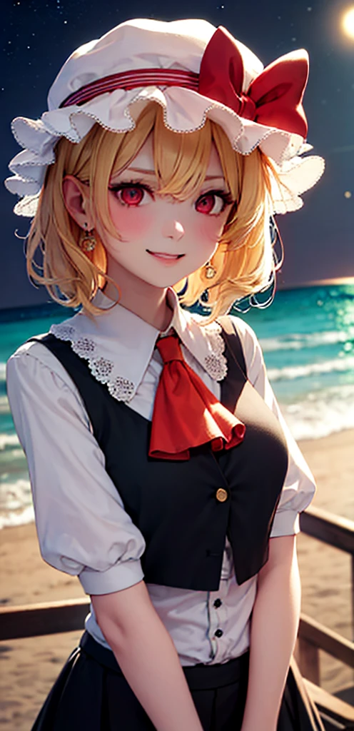 best quality, masterpiece, highres, solo, {night:1.10}, {starry sky:1.10}, beach, beautiful detailed sky, {extremely detailed background:1.20}, {flandre_scarlet_touhou:1.15}, {standing:1.10}, looking at viewer, {bikini:1.30}, blonde_hair, wings, red_eyes, crystal, bangs, hat, one_side_up, ribbon, mob_cap, bow, blush, smile, vest, white_headwear, red_vest, ascot, hair_between_eyes, red_bow, red_ribbon, upper_body, hat_ribbon, yellow_ascot, short_hair, light smile, huge breasts, cleavage