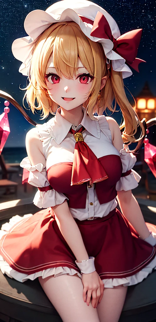 best quality, masterpiece, highres, solo, {night:1.10}, {starry sky:1.10}, beach, beautiful detailed sky, {extremely detailed background:1.20}, {flandre_scarlet_touhou:1.15}, {standing:1.10}, looking at viewer, {bikini:1.30}, blonde_hair, wings, red_eyes, crystal, bangs, hat, one_side_up, ribbon, mob_cap, bow, blush, smile, vest, white_headwear, red_vest, ascot, hair_between_eyes, red_bow, red_ribbon, upper_body, hat_ribbon, yellow_ascot, short_hair, light smile, huge breasts, cleavage