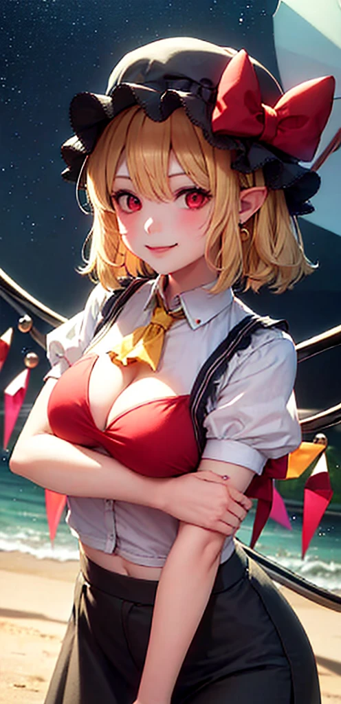 best quality, masterpiece, highres, solo, {night:1.10}, {starry sky:1.10}, beach, beautiful detailed sky, {extremely detailed background:1.20}, {flandre_scarlet_touhou:1.15}, {standing:1.10}, looking at viewer, {bikini:1.30}, blonde_hair, wings, red_eyes, crystal, bangs, hat, one_side_up, ribbon, mob_cap, bow, blush, smile, vest, white_headwear, red_vest, ascot, hair_between_eyes, red_bow, red_ribbon, upper_body, hat_ribbon, yellow_ascot, short_hair, light smile, huge breasts, cleavage