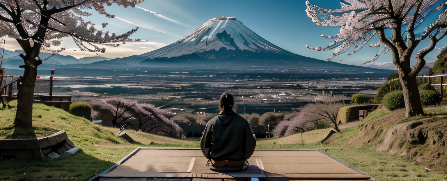 qualidade absurda. natural lightting. hiper-realismo. Fantastic illustration. A samurai meditating at the foot of a cherry tree on a hill overlooking Mount Fuji in Feudal Japan.