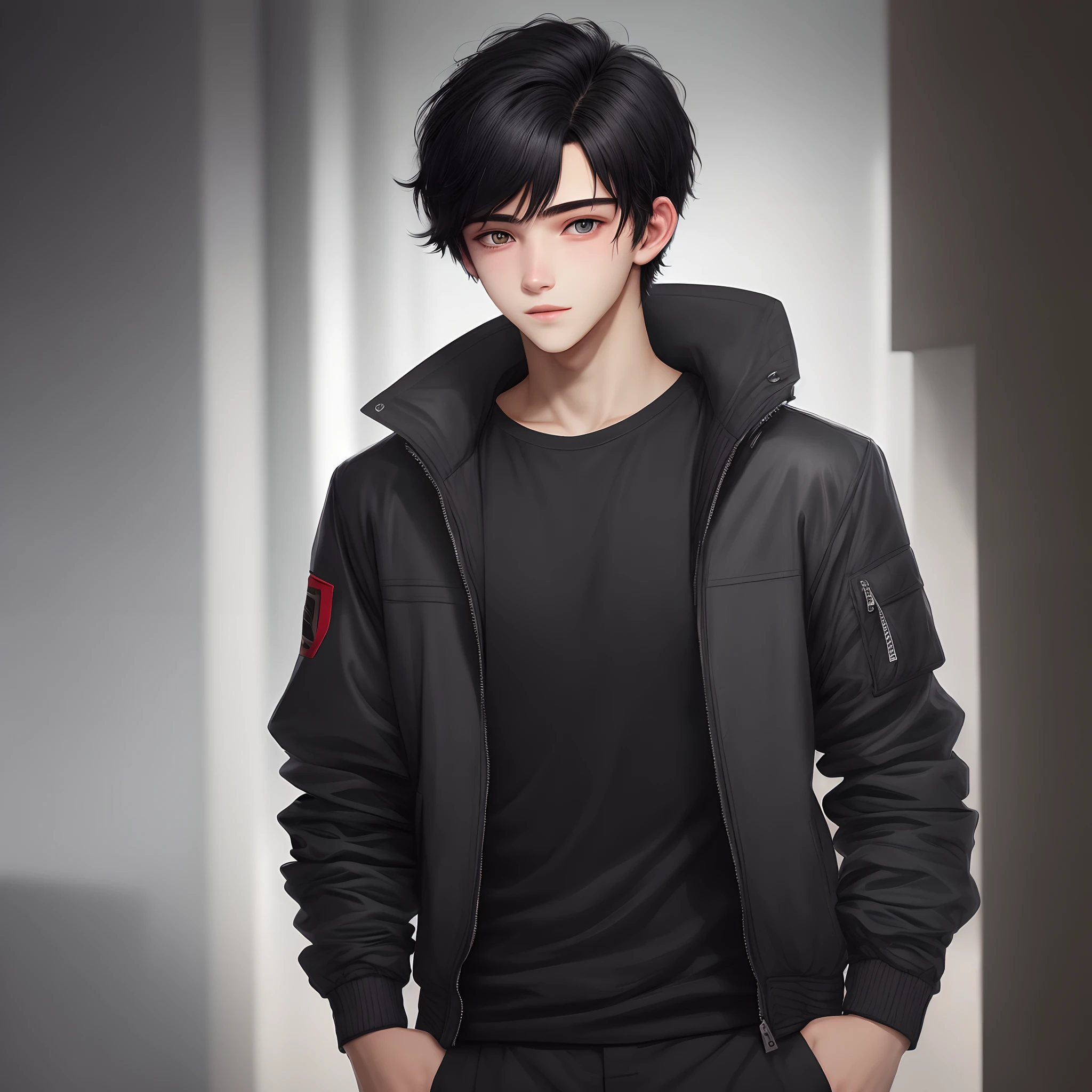 Handsome, -yeld mablack hair, one eye is hidden by hair, half of his face is bandaged, dark eyes, wearing a jacket