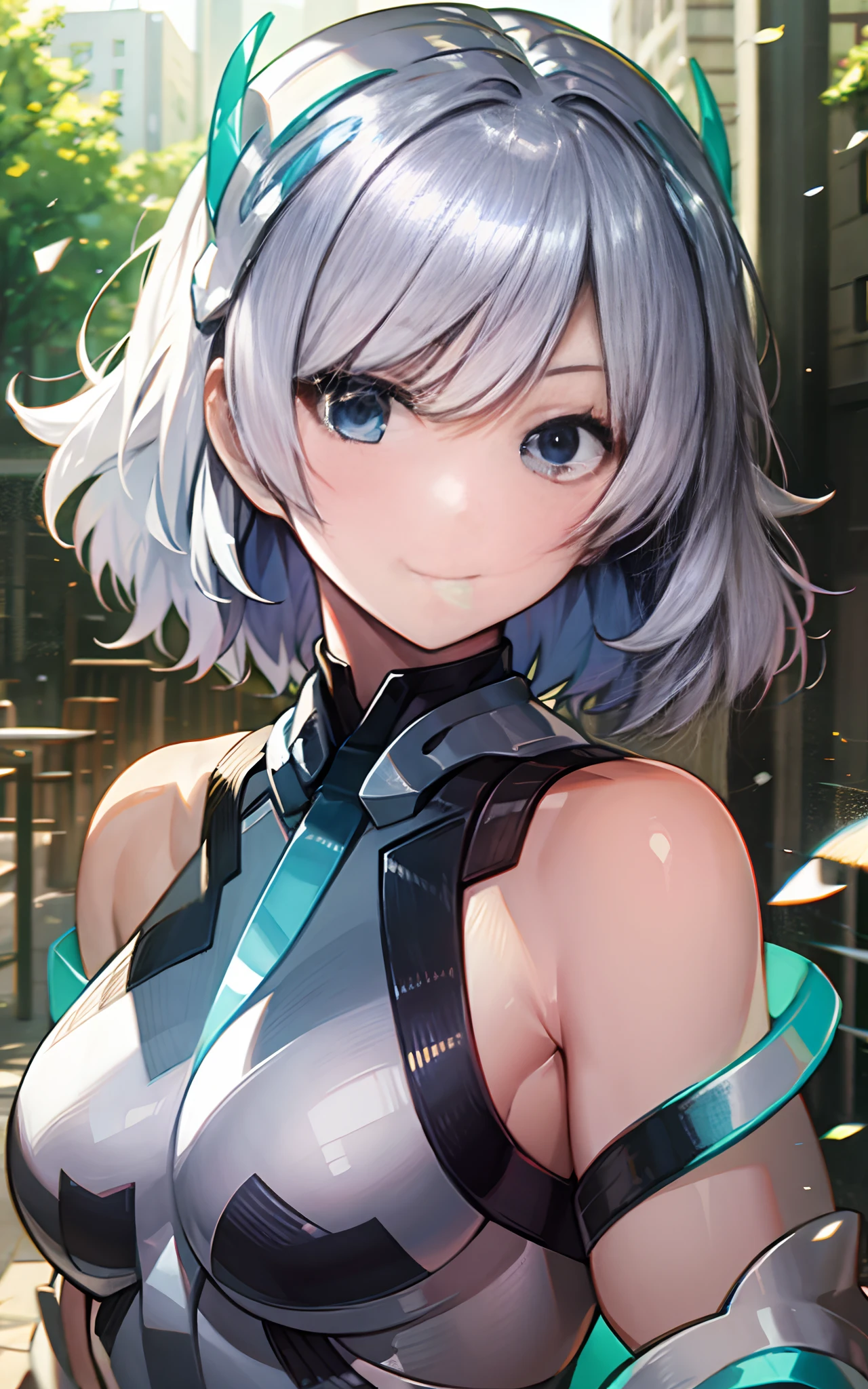 light smile, deva battle suit, outdoors, silver hair, bobhair, blue eyes, waistshot