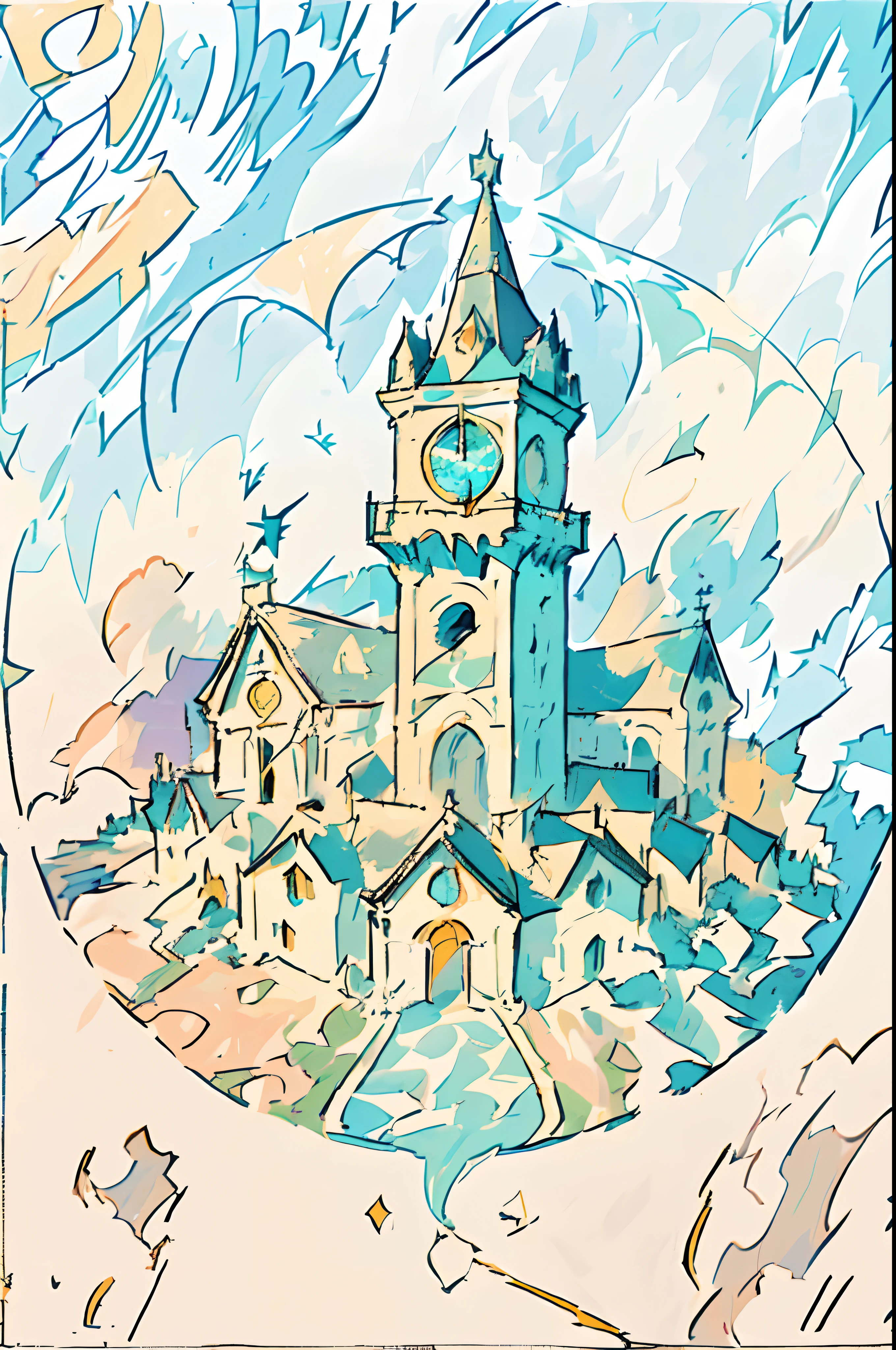 Flattened color illustrations,Blue sky and day,Ultra-rich color detail,Drawing of a circular bell tower with a building as a background, town center background, accurately drawn details, artwork of a building, conceptual drawing, Outline sketch, contour drawing, Color - Art, logo without text, town background, full page illustration, the clock tower, Line drawing, There are black strokes,Very nice color,There is a relationship between light and darkness,Rich colors,Art and film landscape background,Detail enhancement,k hd,8K landscape,(Rainbow all colors:1.8),Surrounded by color,simplebackground,flashy colors,Detailed sky, painterly concept art, in style of kyrill kotashev, conceptartworld, colorful concept art, concept art painting, concept art artwork masterpiece, fantasy concept painting, beautiful concept art, futuristic castle, intricate concept art painting, concept art illustration, Concept art wallpaper 4K, Concept painting