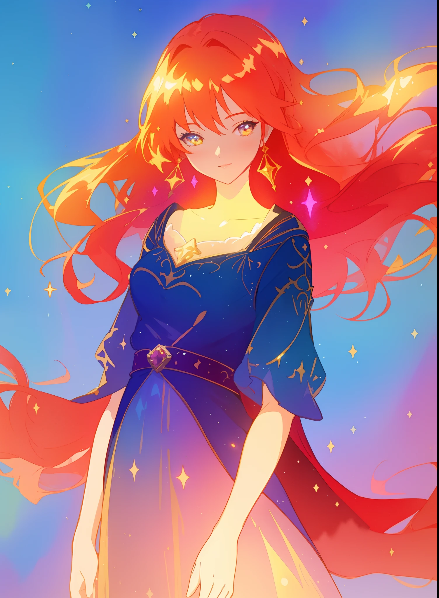 beautiful girl in gradient medieval style dress, long sparkling gold and red hair, colorful fantasia background, watercolor illustration, disney art style, glowing aura around her, glowing lights, beautiful digital illustration, fantasia otherworldly landscape plants flowers, beautiful, masterpiece, best quality, anime disney style