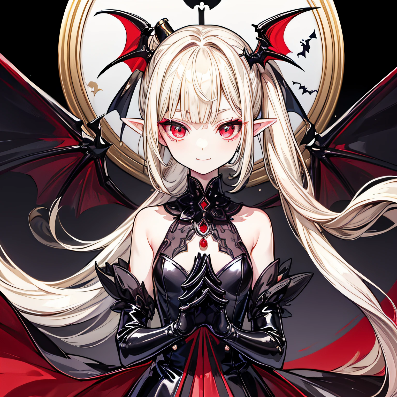 1girl,red eyes,solo,wings,pointy ears,bat (animal),short hair,vampire,colored skin,detached sleeves,looking at viewer,colored sclera,twintails,white hair,hair between eyes,bat wings,bare shoulders,bow,night,two side up,open mouth,