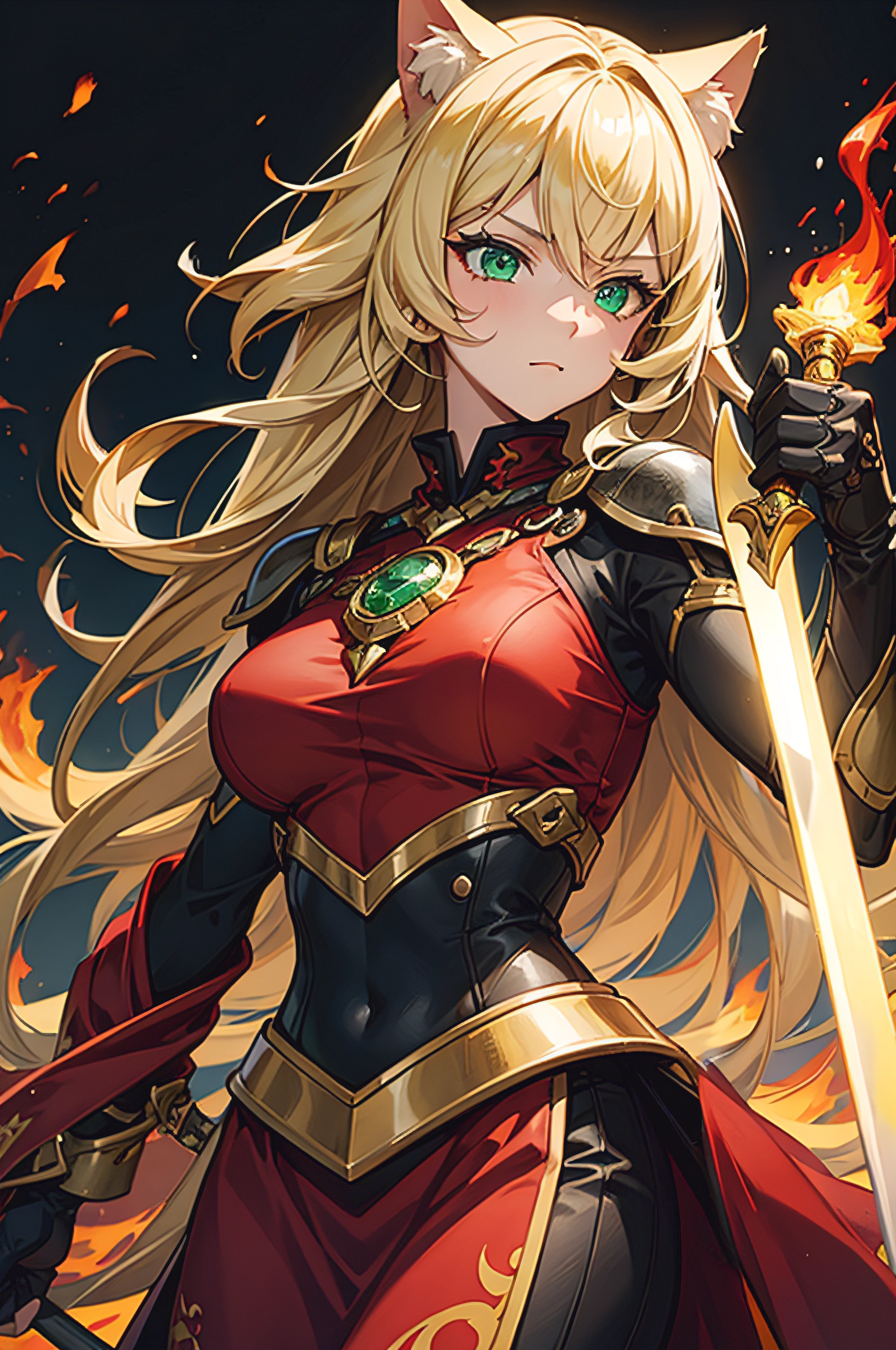 1girls, Blonde Hair, cat ear, green eye, Swordsman, Fire Mage.., Red Dresses, face danger, Dark Cave, detailed background, upper body image