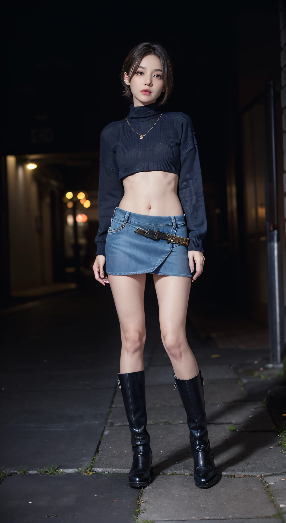 Sweaters、Denim Mini Skirt、full body Esbian、frontage、A slender、(masuter piece:1.3)、(8K、Photorealsitic、Raw photography、top-quality: 1.4)、(1girl in)、beautiful countenance、(Lifelike face)、(A dark-haired、short-hair:1.3)、Beautiful hairstyle、realisticeyes、Beautiful details、（real looking skin）、Beautiful skins、（Sweaters）、absurderes、enticing、超A high resolution、A hyper-realistic、high-detail、the golden ratio、((wide open abdomen))、((open abdomen))、((wide open navel))、((open navel))、((Bare belly))、((Mid-Riff Sweater))、((Mid-Riff Sweater))、((Ultra-low rise、Denim Mini Skirt))、 ((Navel Ejection))、((small hips))、((long limbs))、((Full body depiction))、((small hip))、(long boots)、((Ultra-low rise))、((Denim Mini Skirt))、((is standing))、 ((wide open abdomen))、((open abdomen))、((wide open navel))、((open navel))、((Bare belly))、((Mid-Riff Sweater))、((Ultra-low rise、Denim Mini Skirt))、 ((Navel Ejection))、((small hips))、((Full body depiction))、((small hip))、(boots)、((Ultra-low rise))、((Denim Mini Skirt))、((is standing))、