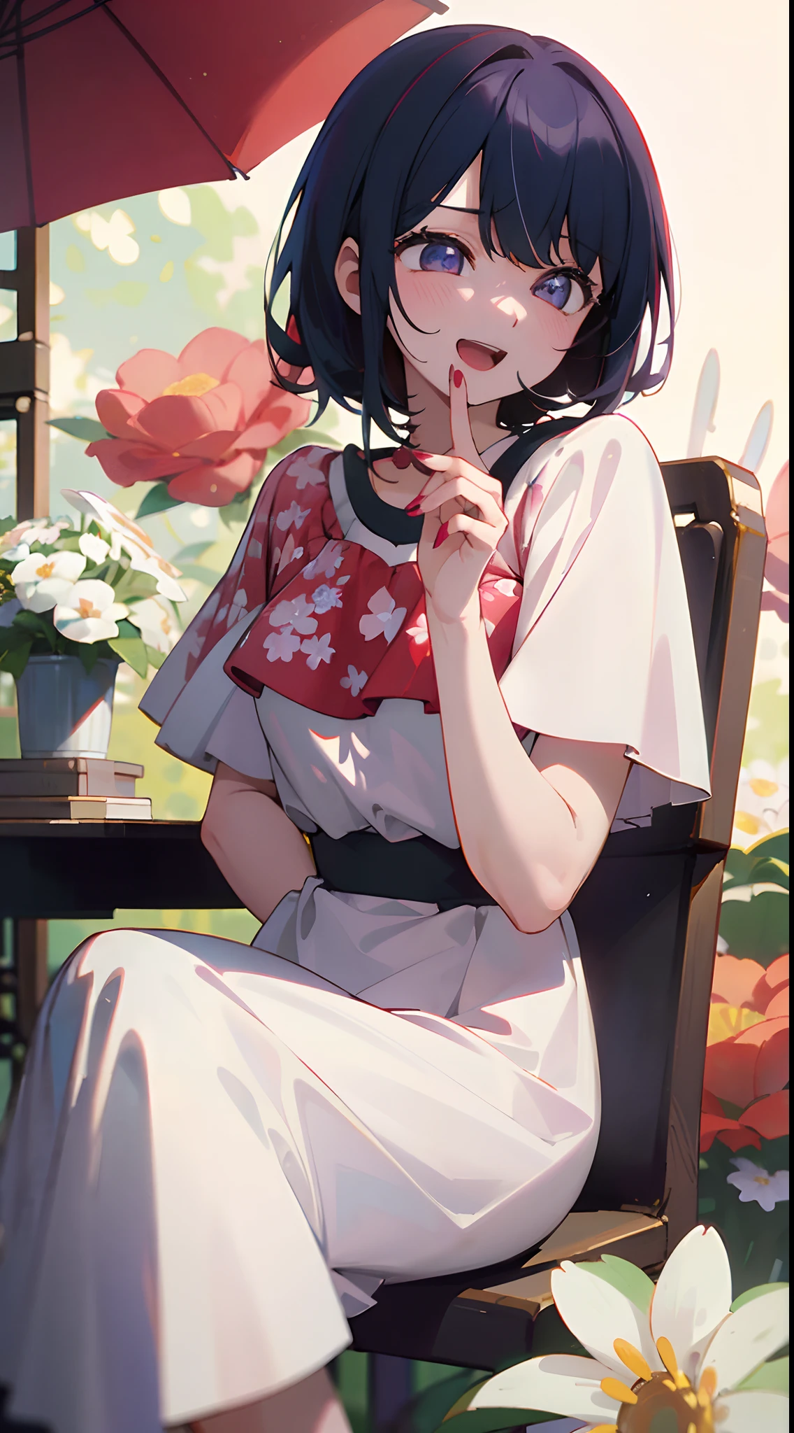 ((top-quality))、 ((masterpiece))、Matchmaking Photos、florals、Product Sample Costumes、Hoshino Ai、In front of the photo 、Eye Up、Opens mouth and laughs、Flowers in the foreground、Strong bokeh、bustup、sit a chair、Red nail polish on the nails of the hands、bio luminescent、radiant light