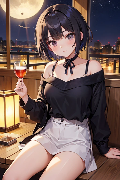 Human Woman、smile、bar、Dark Brown Hair、Summer outfit、Sitting、holding a wine glass、Tipsy、Perfect hands、Perfect Fingers