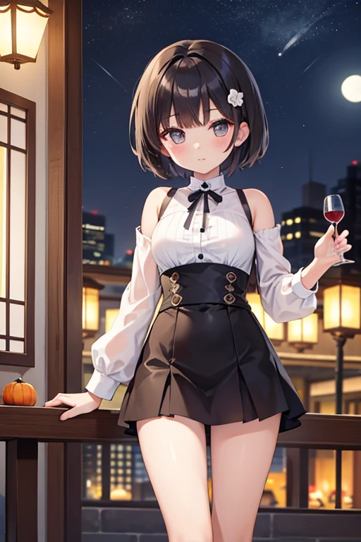 Cute girl with fashionable short haircut。autumn night。veranda。Moon。alcohol。