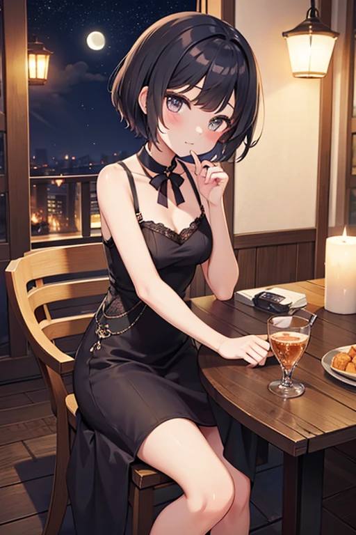 Cute girl with fashionable short haircut。autumn night。veranda。Moon。alcohol。