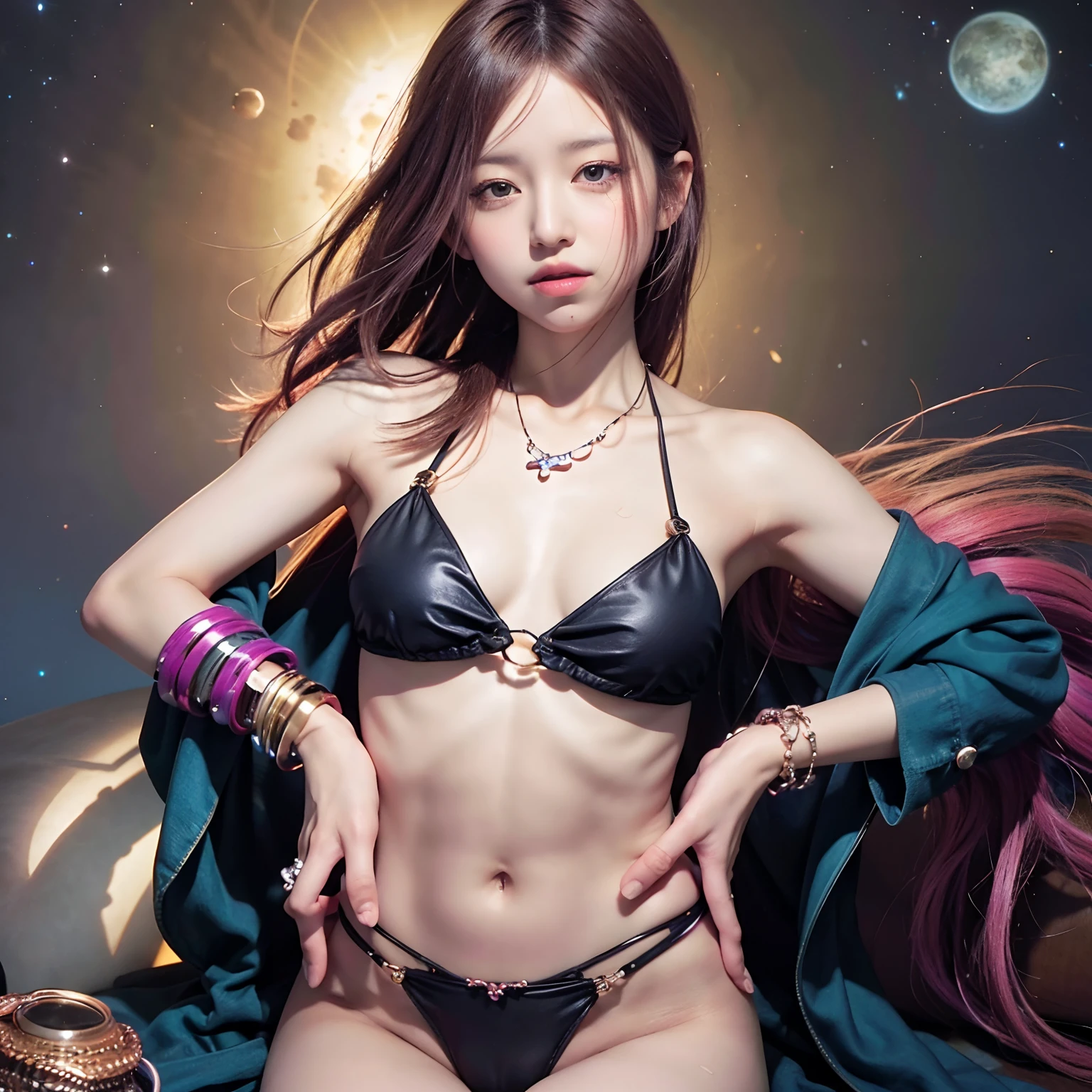 Close-up of a woman with colorful hair and necklace, Space Hair Girl、The soft vitality of Ross Draw, Guvez style artwork, styles, Colorful], vibrant fantasy style, Rosdraw full of vitality、cosmic and colorful, guweiz, colorfull digital fantasy art, stunning art style, Full body like、Facing the front、 Full body illumination, Skin glow, sexy expression、Open your legs wide to expose your crotch、Sweaty、NSFW,medium breasts
