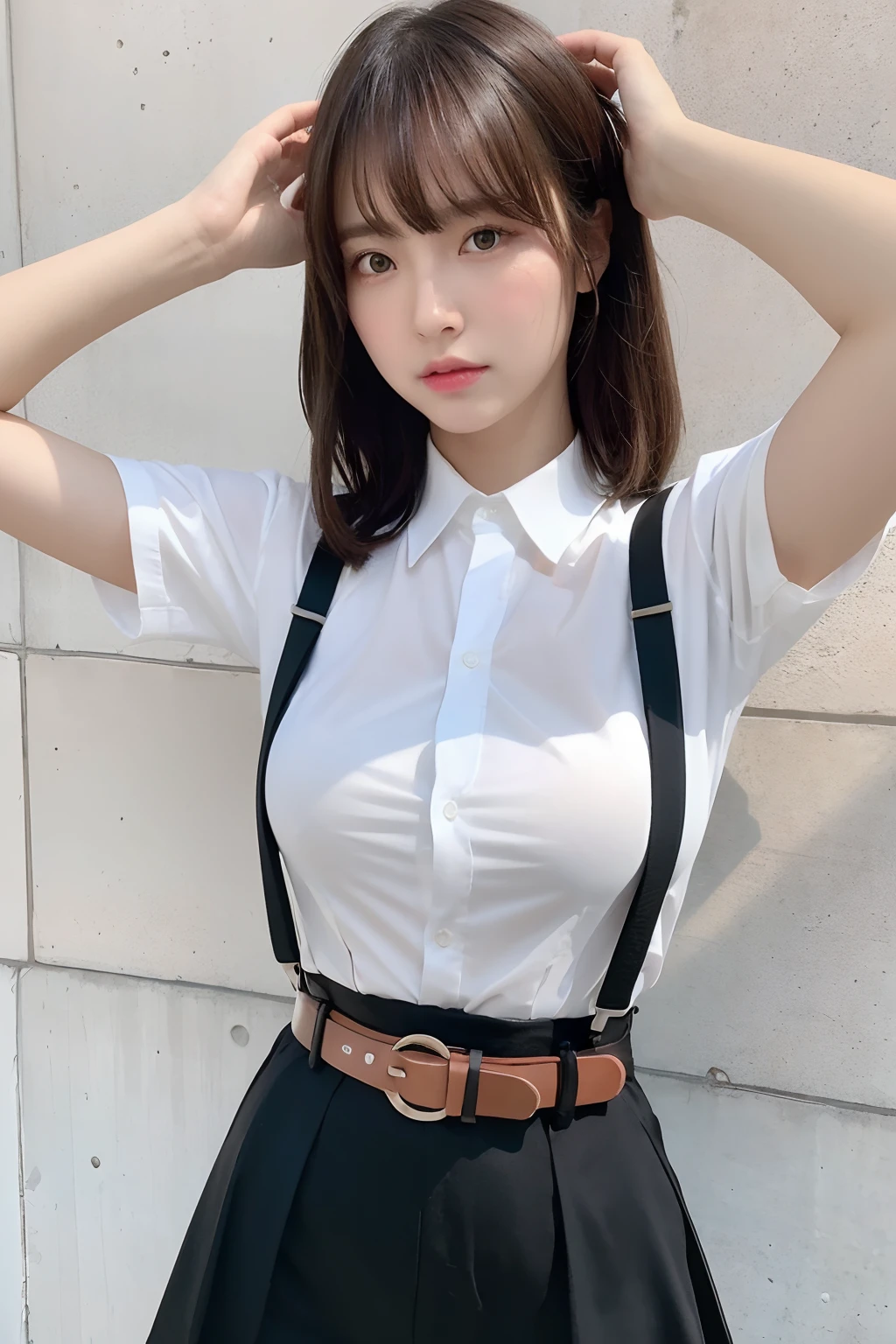 ​masterpiece、flat-colors、depth of fields、lens flare 1 girl、、Brown hair、watching at viewers　　　black suspenders　　　bulging big breasts　　　 　 Armpit sweat　perspiring　Side of both hands　　walls: 　Black miniskirt　garterbelts　　　　　　Gaze　　　Small face　Bangs Upper Eyes　flank　　Rat-colored eyes　　holster　　Belt Cutter Shirt