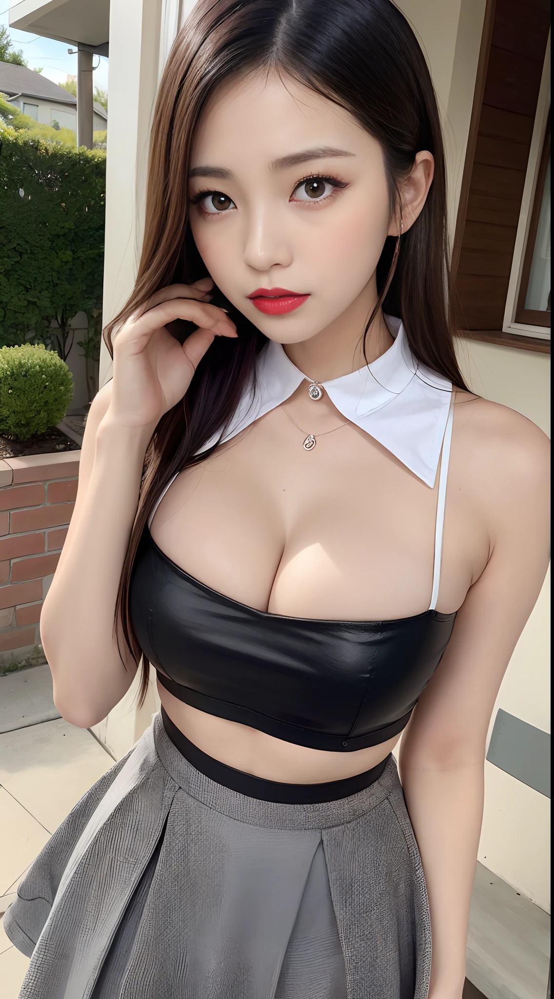 2girls、hugging each other and kiss、Glossy dark red lipstick、Glossy Lip、Opening Mouth、(Best Quality, 8K, masutepiece, Ultra HD: 1.3), 1girl in, small tits ,light brown hair, Blunt bangs, hair behind ear, hair over shoulder, Long hair,  slender body shape, Ultra Fine Face, Delicate lips, Beautiful eyes, Double eyelids, lipsticks, thin blush ,Black eyes ,perfect glossy skin,flawless skin　fair white skin ,Glistening sweat,A gaze that captivates you, Fine cleavage,Ultra-thin hands, Ultra-fine fingers, shirt with collar, tight skirts , beauty legs ,Low Heels. outside of house、In the middle of a date