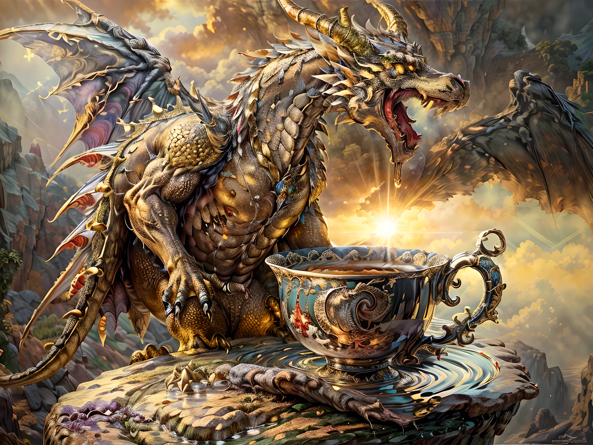 a picture of a gold dragon sitting on a massive rock , (holding a tea cup: 1.3), (drinking hot tea from a porcelain tea cup: 1.5) (best details, Masterpiece, best quality :1.5), dragon_real cloudy skies background, an epic gold dragon (best details, Masterpiece, best quality :1.5) extremely detailed dragon,  horns, dragon_wings, dragon wings wide spread, ultra detailed face,  the tea cup is majestic, with intricate decorations  (best details, Masterpiece, best quality :1.3), steam rising from the tea cup, birds view, sun rays, red divine rays, sun rays reflected in clouds (best details, Masterpiece, best quality :1.5), sense of serenity sense of awe majestic atmosphere, ultra best realistic, best details, best quality, 16k, [ultra detailed], masterpiece, best quality, (extremely detailed), ultra wide shot, photorealism, depth of field, hyper realistic painting,