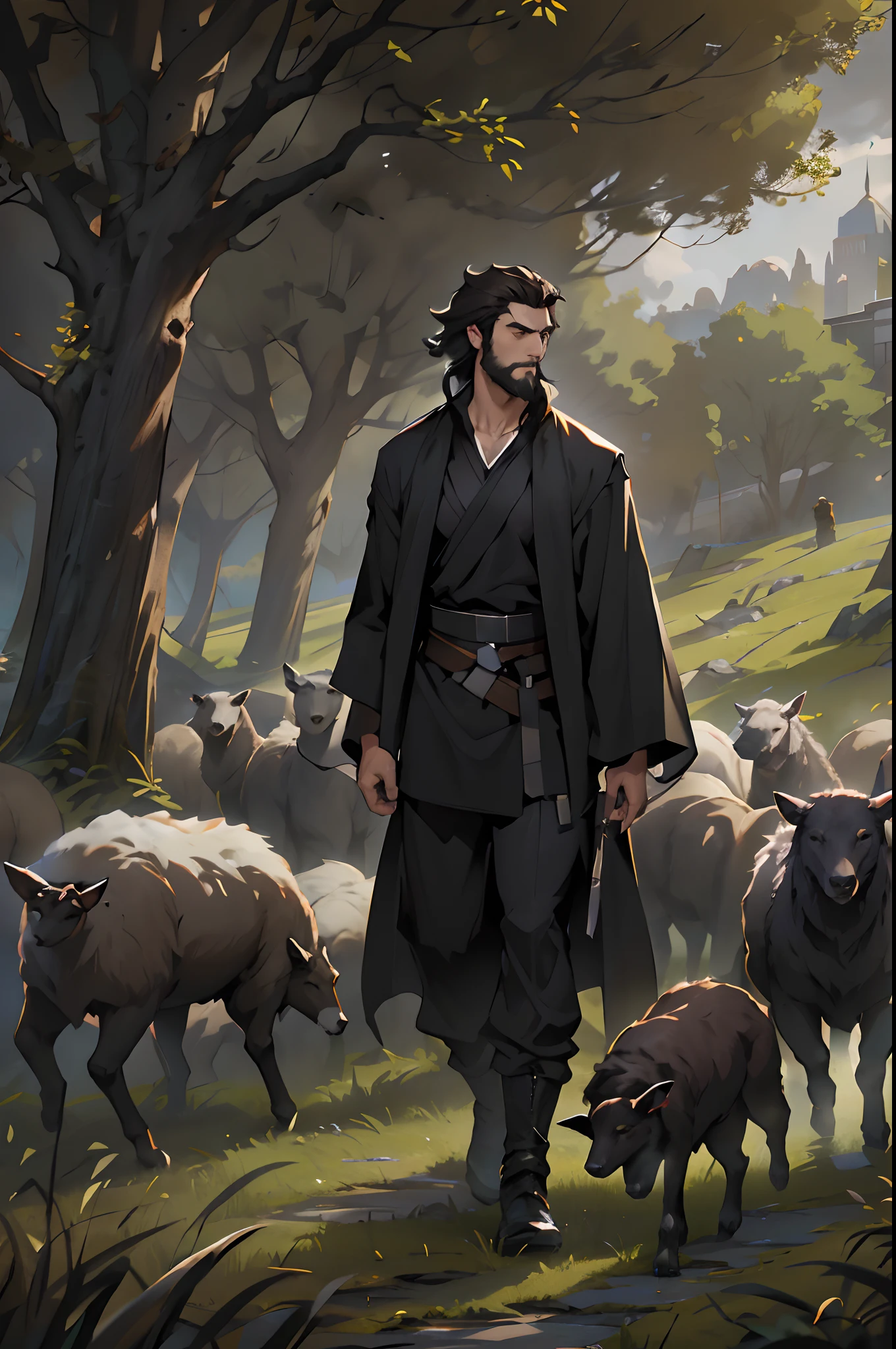 black clothes, similar to a Jedi's outfit.black cloth clothes NO WEAPONS The character is a tall young man with a short beard. dark brown hairs escorting a small flock of sheep with some wolves in the background. In case you're thinking of a background, a forest would be best, or grassland with a city in the background. light and breezy.