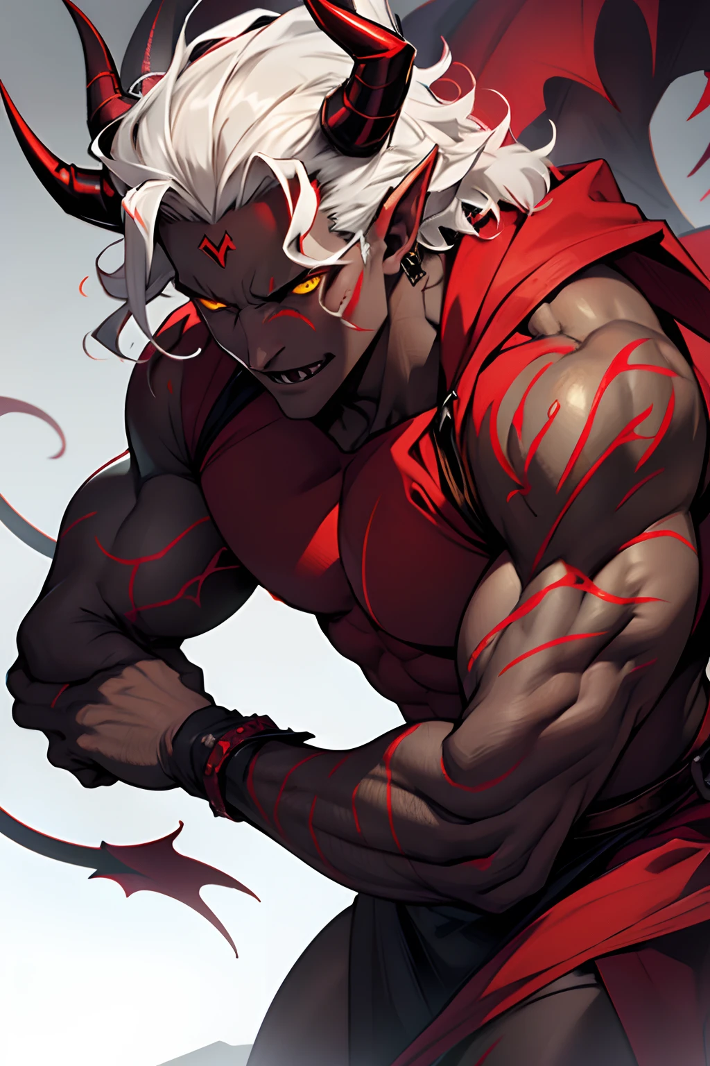 The Man with the Gray Skin, demon, A devil with horns and curls that grow out of his forehead, red skin, Yellow eyes, tiefling, Devil's Tail.