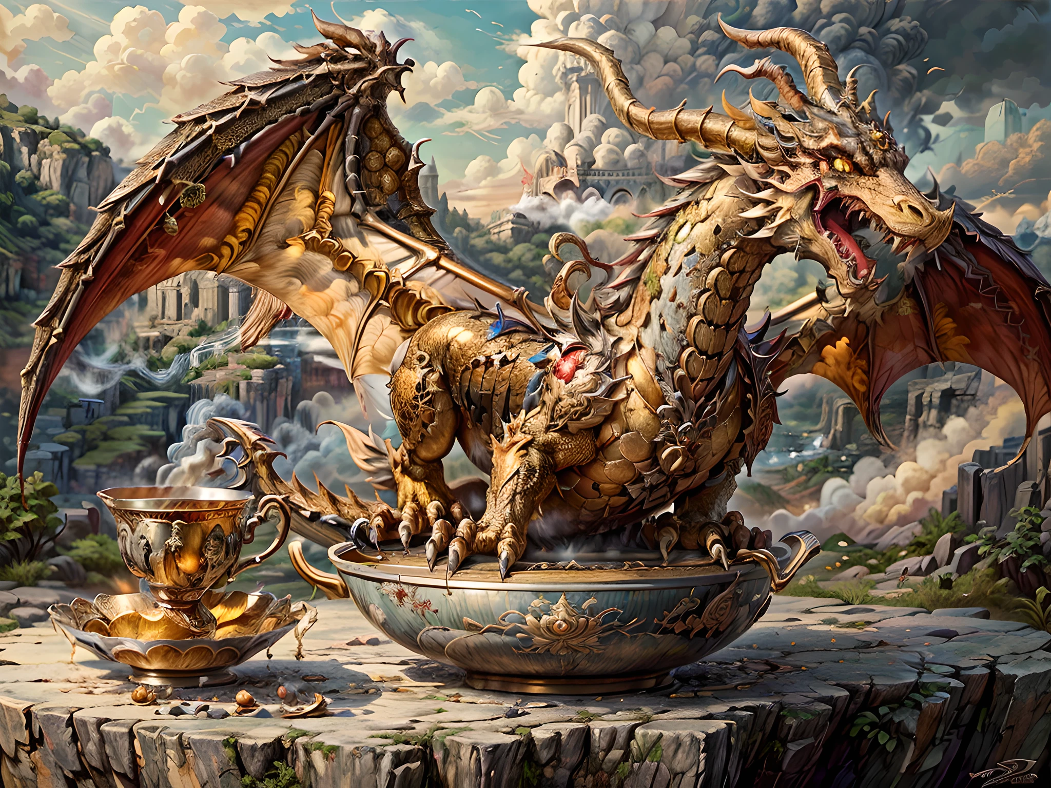 a picture of a gold dragon sitting on a massive rock , (holding a tea cup: 1.3), (drinking hot tea from a porcelain tea cup: 1.5) (best details, Masterpiece, best quality :1.5), dragon_real cloudy skies background, an epic gold dragon (best details, Masterpiece, best quality :1.5) extremely detailed dragon,  horns, dragon_wings, dragon wings wide spread, ultra detailed face,  the tea cup is majestic, with intricate decorations  (best details, Masterpiece, best quality :1.3), steam rising from the tea cup, birds view, sun rays, red divine rays, sun rays reflected in clouds (best details, Masterpiece, best quality :1.5), sense of serenity sense of awe majestic atmosphere, ultra best realistic, best details, best quality, 16k, [ultra detailed], masterpiece, best quality, (extremely detailed), ultra wide shot, photorealism, depth of field, hyper realistic painting,