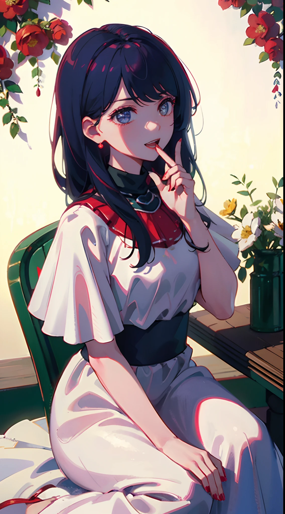 ((top-quality))、 ((​masterpiece))、Matchmaking Photos、florals、Product Sample Costumes、In front of the photo 、Eye Up、Opens mouth and laughs、Flowers in the foreground、Strong bokeh、bustup、sit a chair、Red nail polish on the nails of the hands、bio luminescent、radiant light