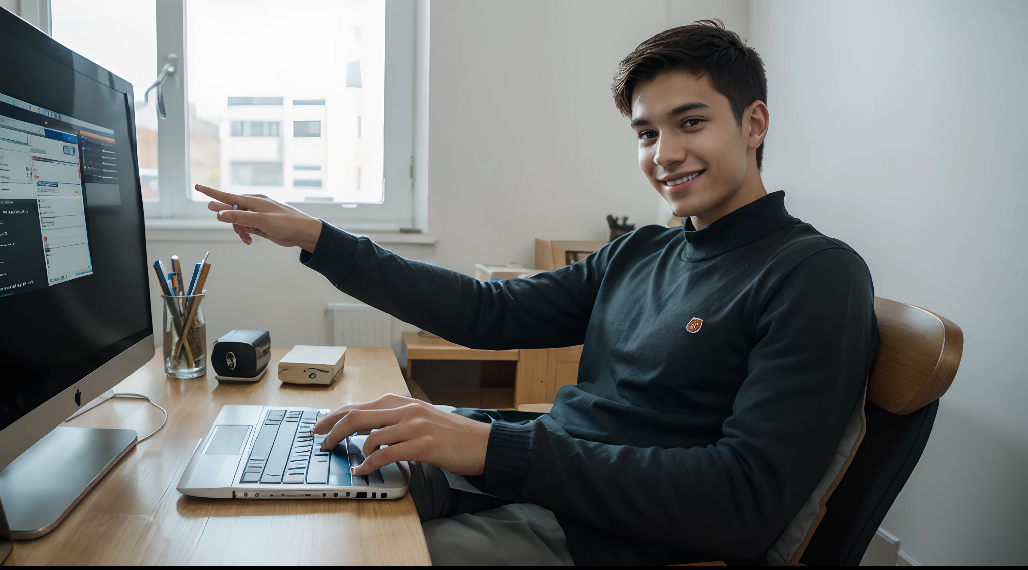 young man, smart student smiling, using Notebook at home, performing many tasks on the computer, using Exel spreadsheets, using graphs, progressing, productive, computer screen, minimalist, comic book style, summer, olograms