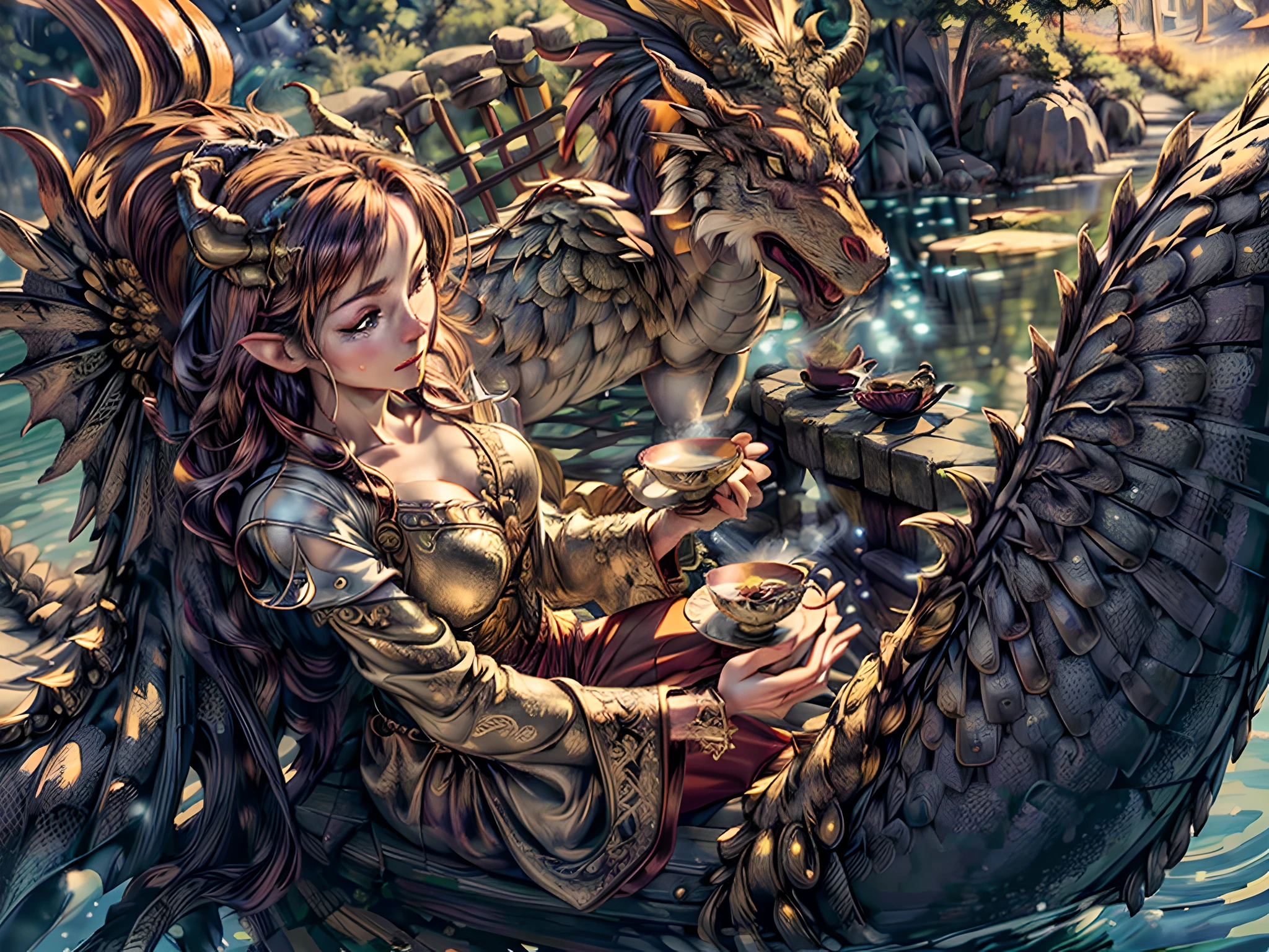 a picture of a gold dragon sitting on a massive rock , (holding a tea cup: 1.3), (drinking hot tea from a porcelain tea cup: 1.5) (best details, Masterpiece, best quality :1.5), dragon_real cloudy skies background, an epic gold dragon (best details, Masterpiece, best quality :1.5) extremely detailed dragon,  horns, dragon_wings, dragon wings wide spread, ultra detailed face,  the tea cup is majestic, with intricate decorations  (best details, Masterpiece, best quality :1.3), steam rising from the tea cup, birds view, sun rays, red divine rays, sun rays reflected in clouds (best details, Masterpiece, best quality :1.5), sense of serenity sense of awe majestic atmosphere, ultra best realistic, best details, best quality, 16k, [ultra detailed], masterpiece, best quality, (extremely detailed), ultra wide shot, photorealism, depth of field, hyper realistic painting,