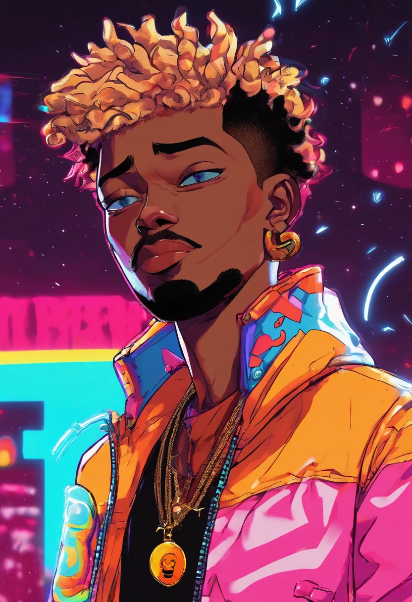 Imagem dos desenhos animados de um homem de pele escura com corte de cabelo desbotado vestindo uma camisa preta e uma jaqueta xadrez amarela, retrato do personagem, olhos laranja claro, afro encaracolado(preto:1.5,), sorridente, inspirado em Huey de The Boondocks, (preto:1.5,castanho escuro:1.3, laranja:1.2), penteado meio rapado
