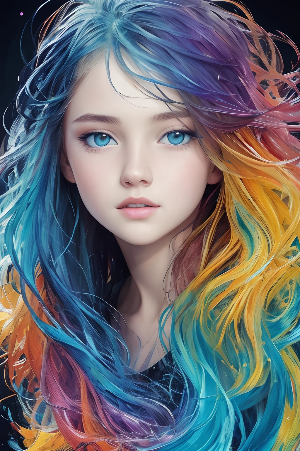 Colorful beautiful girl: a giru 8-years old, messy hair, oil painting, nice perfect face with soft skinice perfect face, blue yellow colors, light purple and violet additions, light red additions, intricate detail, splash screen, 8k resolution, masterpiece, cute face,artstation digital painting smooth veryBlack ink flow: 8k resolution photorealistic masterpiece: intricately detailed fluid gouache painting: by Jean Baptiste Mongue: calligraphy: acrylic: watercolor art, professional photography, natural lighting, volumetric lighting maximalist photoillustration: by marton bobzert:, complex, elegant, expansive, fantastical,  wavy hair, vibrant