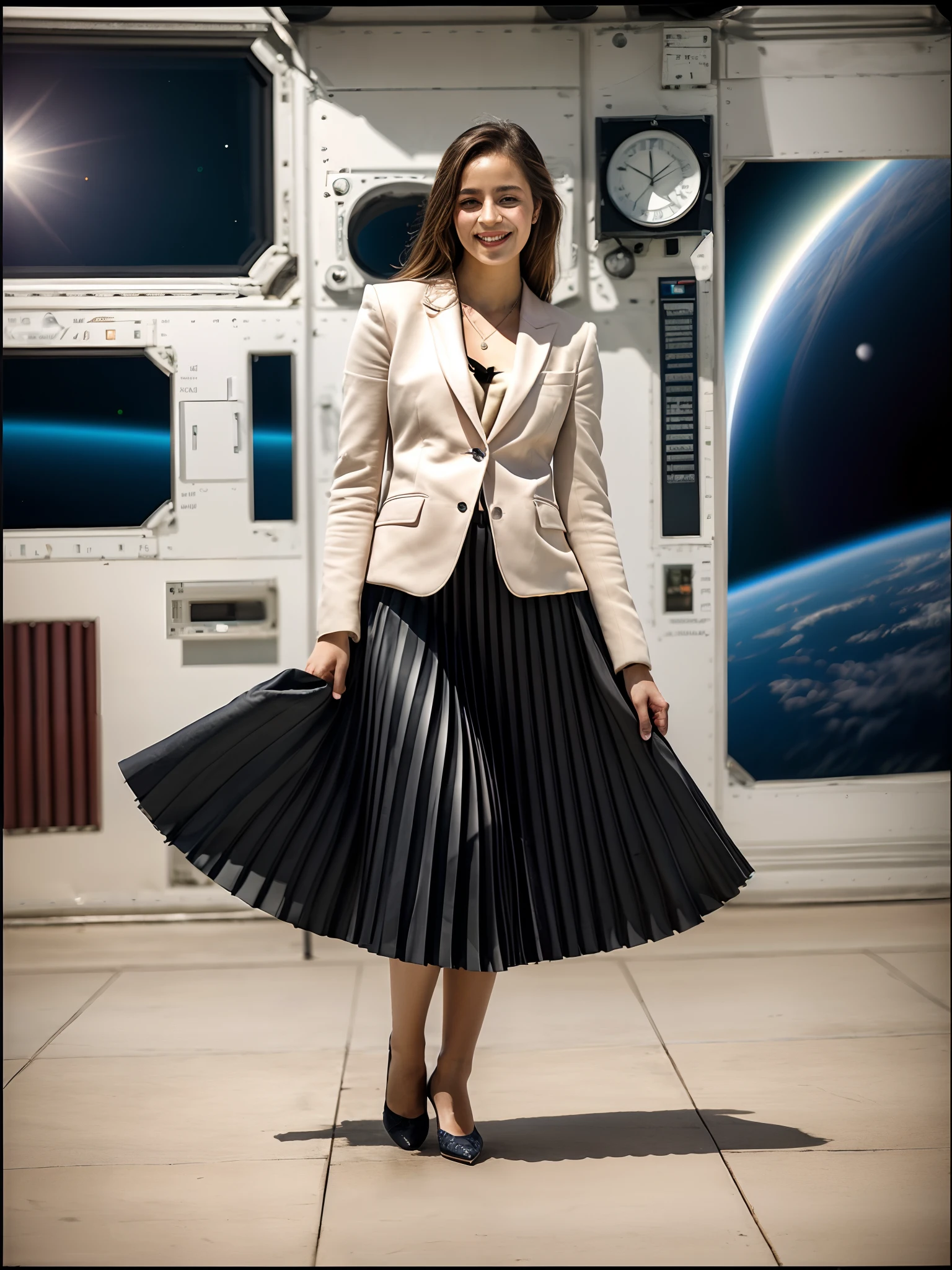 (shy:1,3) smiling woman playing with skirt, dancing, wearing short blazer and very very detailed (long (fully pleated) full circle skirt) and (simple) low heeled office shoes, very very intricate hyper-detailed symmetric (attractive graceful young feminine face) with (sad, tired eyes and a shy smile), large breasts, full of empathy and compassion and love, (pronounced (feminine) features), (highly detailed ultra accurate realistic) hands and fingers, (windy conditions and wind blowing), epic composition, highly detailed attributes, highly detailed space station background, (35mm f1.4 Kodak portra 400 photograph), extremely high quality RAW photograph,