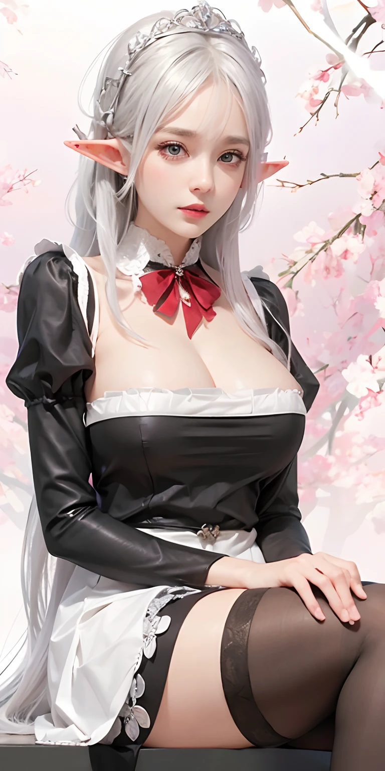 1girl,elf,huge breast ,silver hair, high quality, ultra detailed, masterpiece, realistic