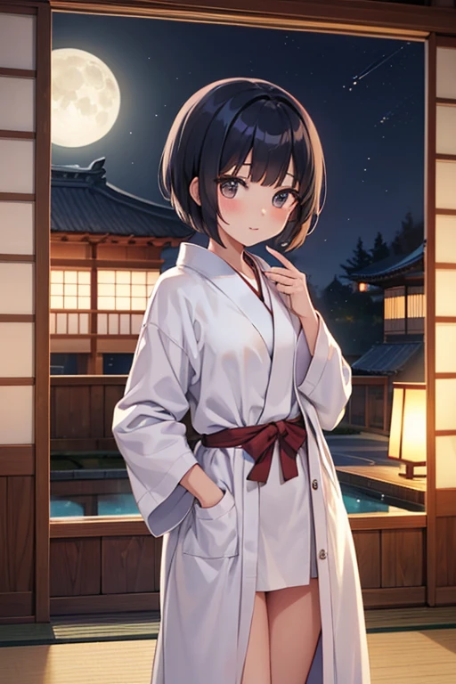Cute girl with fashionable short haircut。bathrobe。autumn night。Japanese houses。veranda。Moon。