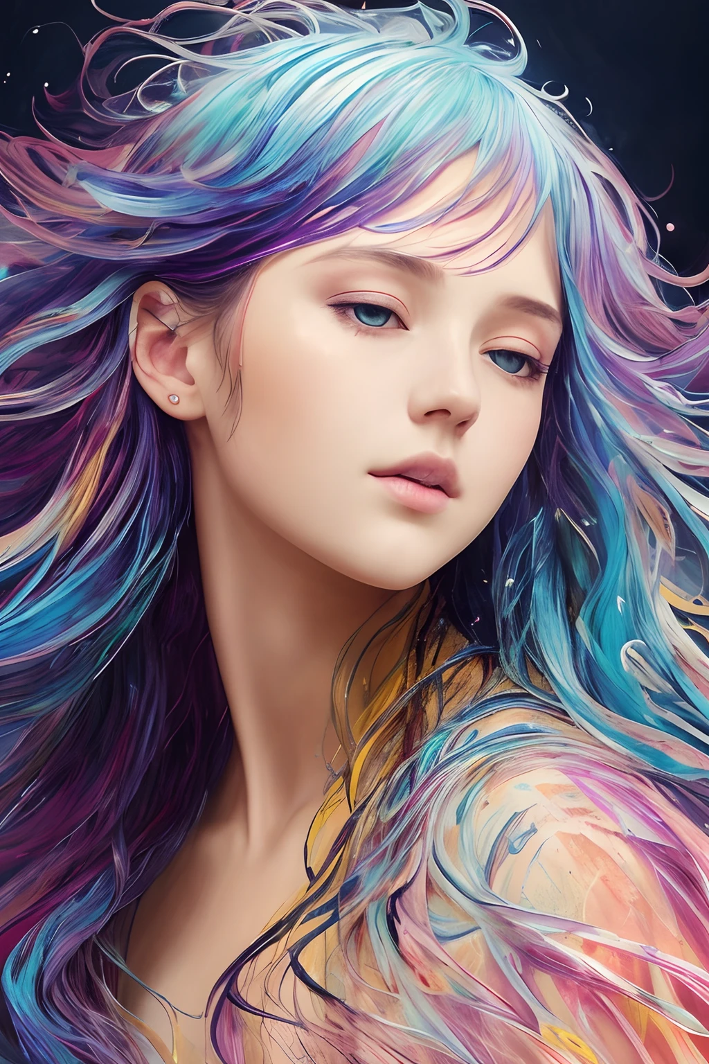 (8k, best quality, masterpiece:1.2),(best quality:1.0), (ultra highres:1.0), watercolor, a beautiful woman, shoulder, hair ribbons, by agnes cecile, half body portrait, extremely luminous bright design, pastel colors, (ink:1.3), autumn lights