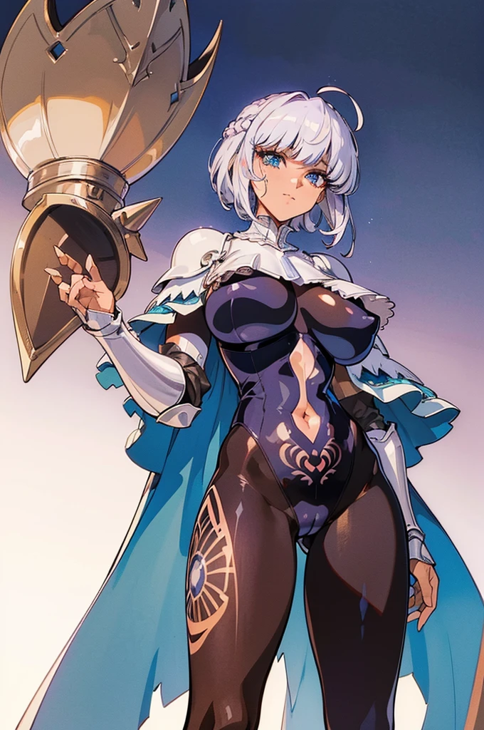"(masterpiece:1.1), best quality,
1girl, (80s anime style:1.4), (eyelashes:1.5),
(intricate high detailed body:1.2),
silver hair,
(blunt bangs:1.1), (short hair, french braid:1.1), (crown:1.2),
blue eyes, (red lip stick:1.1),
(dark skin:1.3), (gigantic breasts:1.5),
happy, smile,
(string body suit armor, navel cutout, tattoo:1.2), (pantyhose:1.3),
(spiked knight armor, armored boots, capelet:1.2), (frill:1.1), (ahoge:1.2), neckwear,
standing, claw pose,
(cowboy shot, shoot from front:1.5),
(simple white background:1.2)"