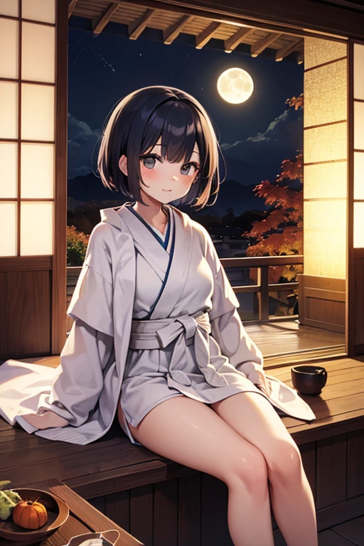 Cute girl with fashionable short haircut,bathrobe,autumn night,Japanese houses,veranda,Moon,