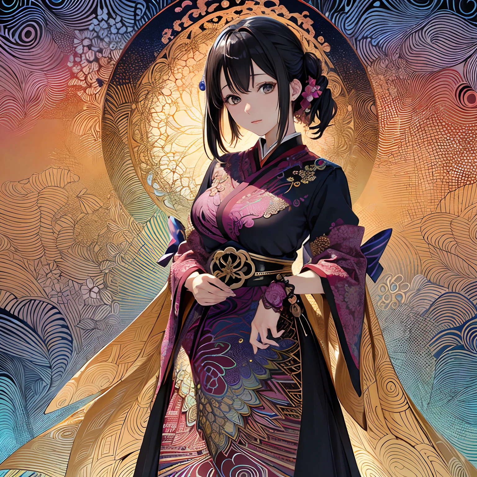 (masutepiece, of the highest quality, Best Quality, Official art, Beauty and aesthetics: 1.2), (1girl in: 1.3), Very detailed, (Fractal Art: 1.2), Colorful, best detailed, (Zentangle: 1.2), (Dynamic Pose), (Abstract background: 1.5), (Traditional clothing: 1.2), (Shiny skin), (Multiple colors: 1.4), full bodyesbian,