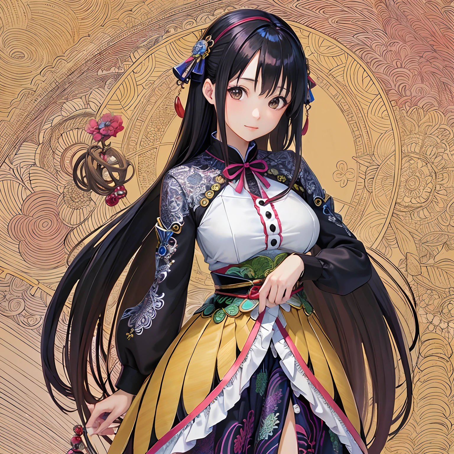 (masutepiece, of the highest quality, Best Quality, Official art, Beauty and aesthetics: 1.2), (1girl in: 1.3), Very detailed, (Fractal Art: 1.2), Colorful, best detailed, (Zentangle: 1.2), (Dynamic Pose), (Abstract background: 1.5), (Traditional clothing: 1.2), (Shiny skin), (Multiple colors: 1.4), full bodyesbian,