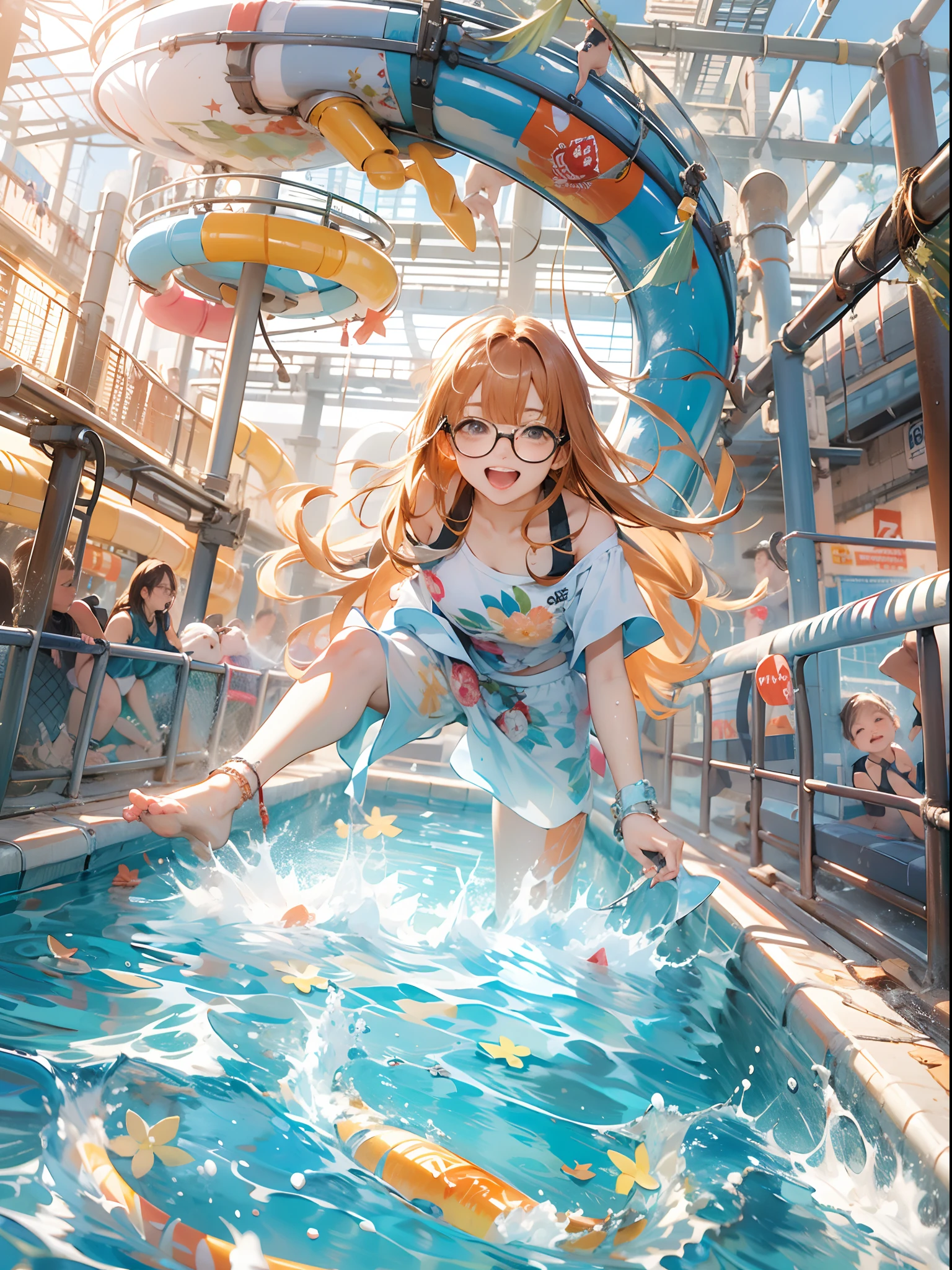 top-quality、​masterpiece、超A high resolution、(photographrealistic:1.4)、futaba sakura, Orange straight long hair、Blunt bangs, Glasses, black-framed eyewear, Canines are visible, Ahoge, Small breasts, Glasses, 
(「Lying girl happily slides down a waterslide」、:1.2)
1girl in, girl focus, Leisure facilities, swimming pools, (Waterslide:1.3), The bikini, splash water,
Romper
「The girl is in the middle of the slide、On a steep descent、Splashing water in the surrounding area。」
「Her face is full of elation and joy/」、
「Her hair flows back into a torrent of water。」、
"This slide has a colorful and sinuous structure。",
Romper
「In the vibrant atmosphere of the sun-drenched water park、It captures the excitement and thrill of the moment of experiencing the thrill of adventure on a waterslide。」