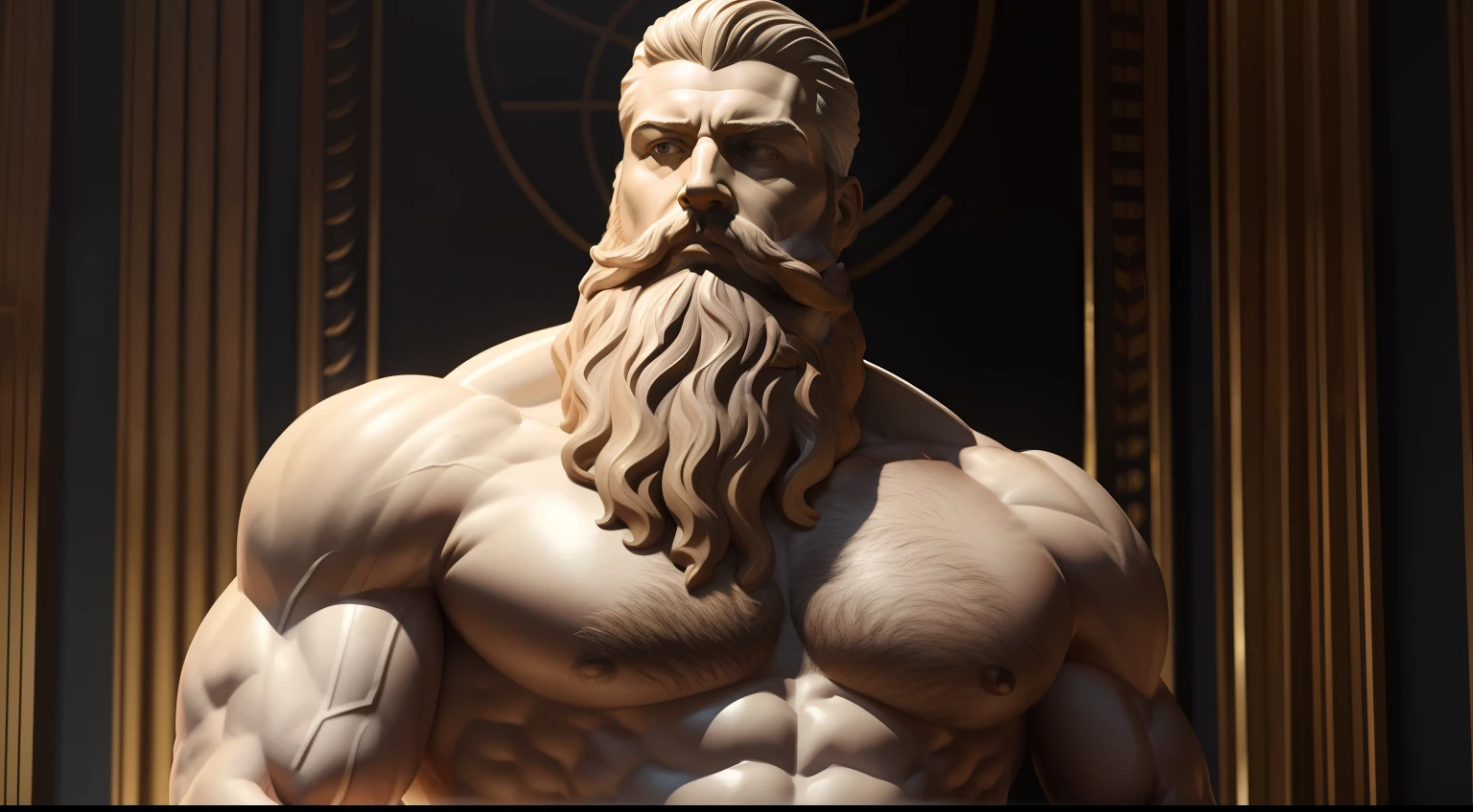 Hyper realistic photo of a marble statue of a man with a muscular beard, sentado, pensativo