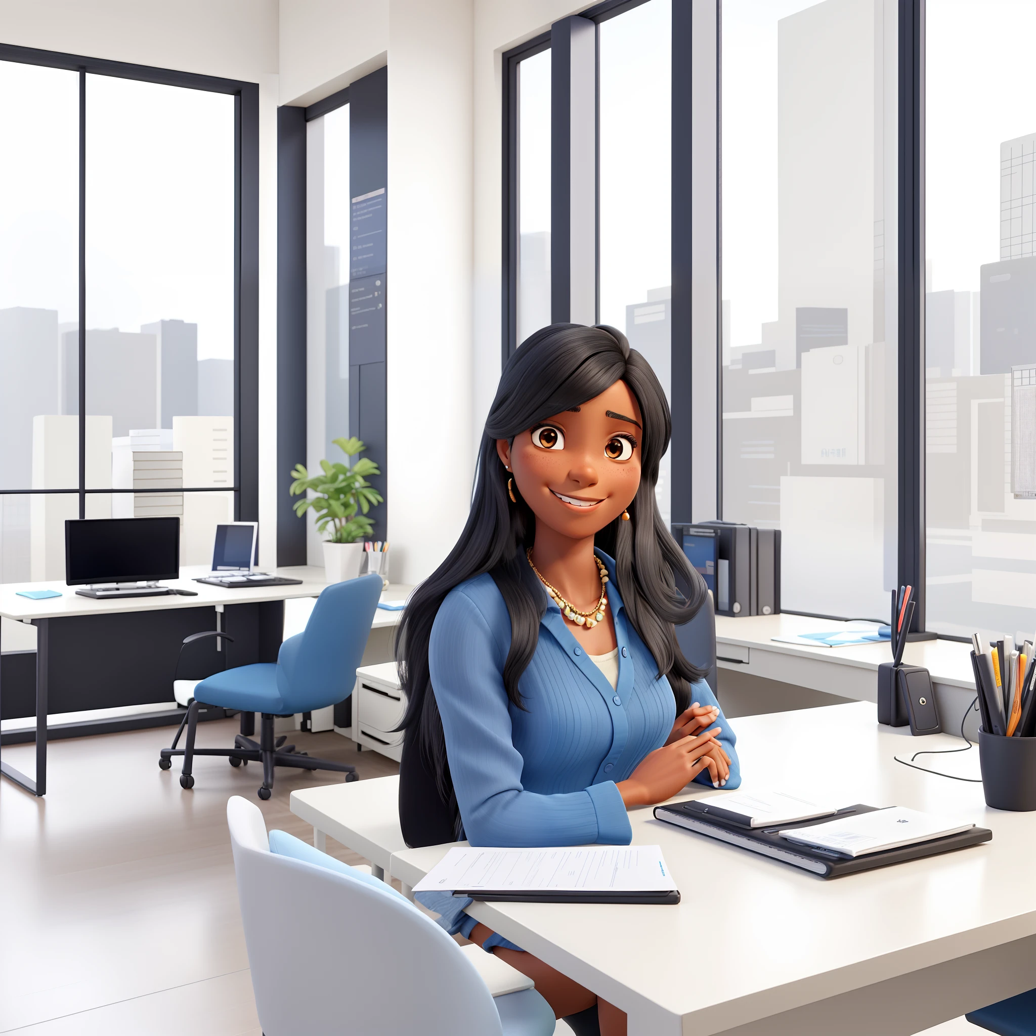 Dark-skinned woman. She is half Brazilian and half Japanese, medium straight black hair that falls to the side, she is wearing a blue outfit and small earrings, she is smiling, she is in an office